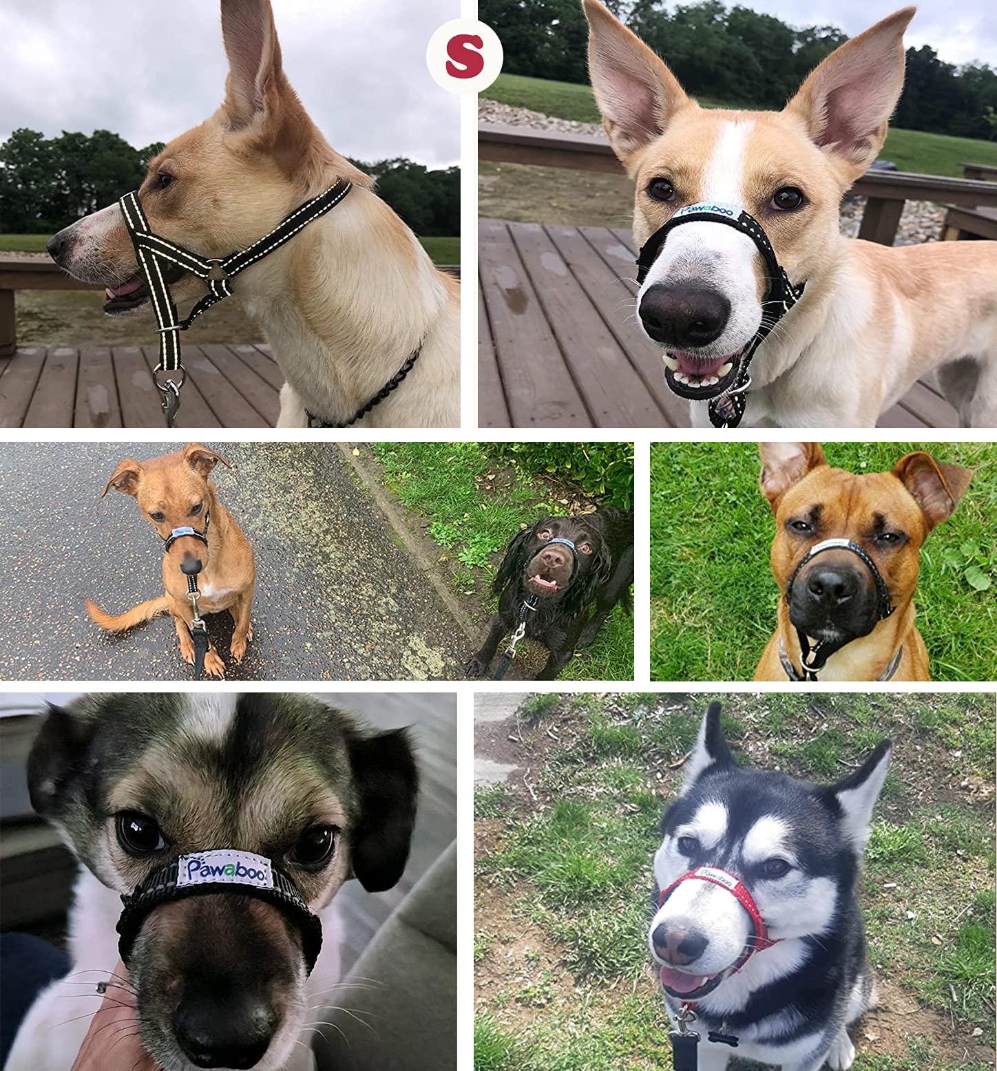 Pawaboo Dog Muzzle, Head Halter Collar For Dog, Pet Dog Nylon Reflective Adjustable Loop Anti-Biting Barking Control Easy Fit Dog Stops Dog Pulling Head Leash, Small Size, Black