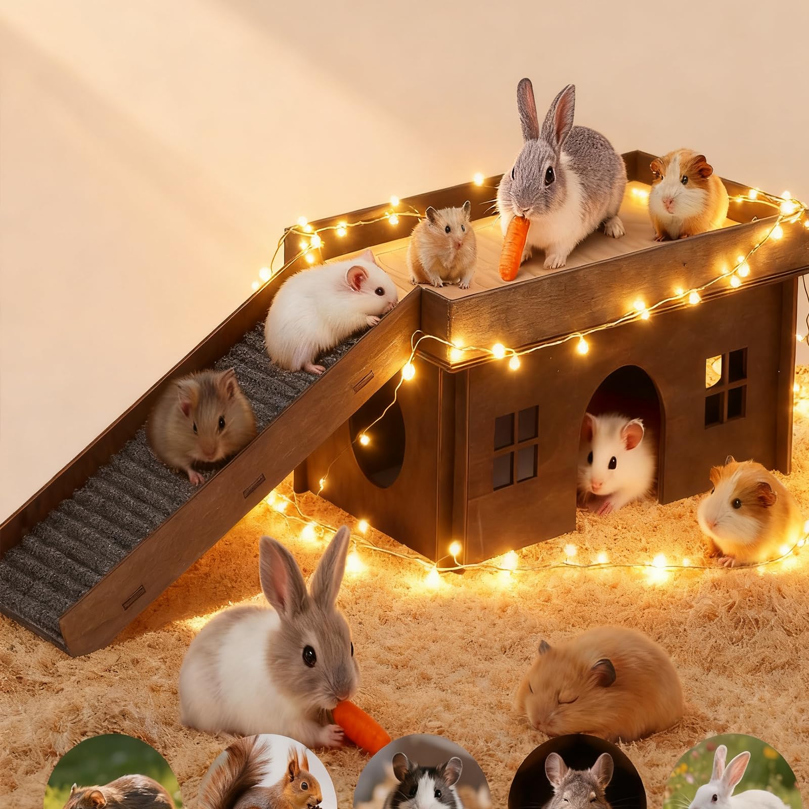 Large Bunny House with Stair, Wooden Bunny Castle Rabbit Hideout, Chinchilla and Guinea Pigs Hut Hideouts, Sturdy Rabbit Cage Ha