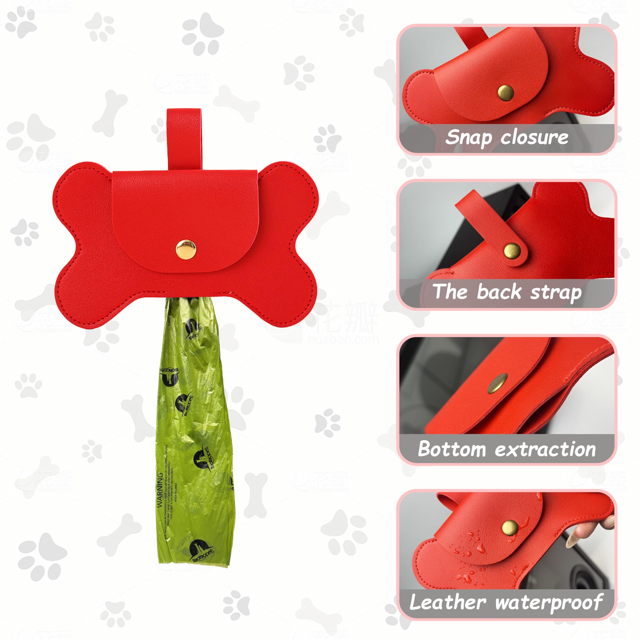 Teumessian Bone-Shaped Dog Poop Bag Holder, Poop Bag Holders For Leashes, Poop Bag Dispenser,Red