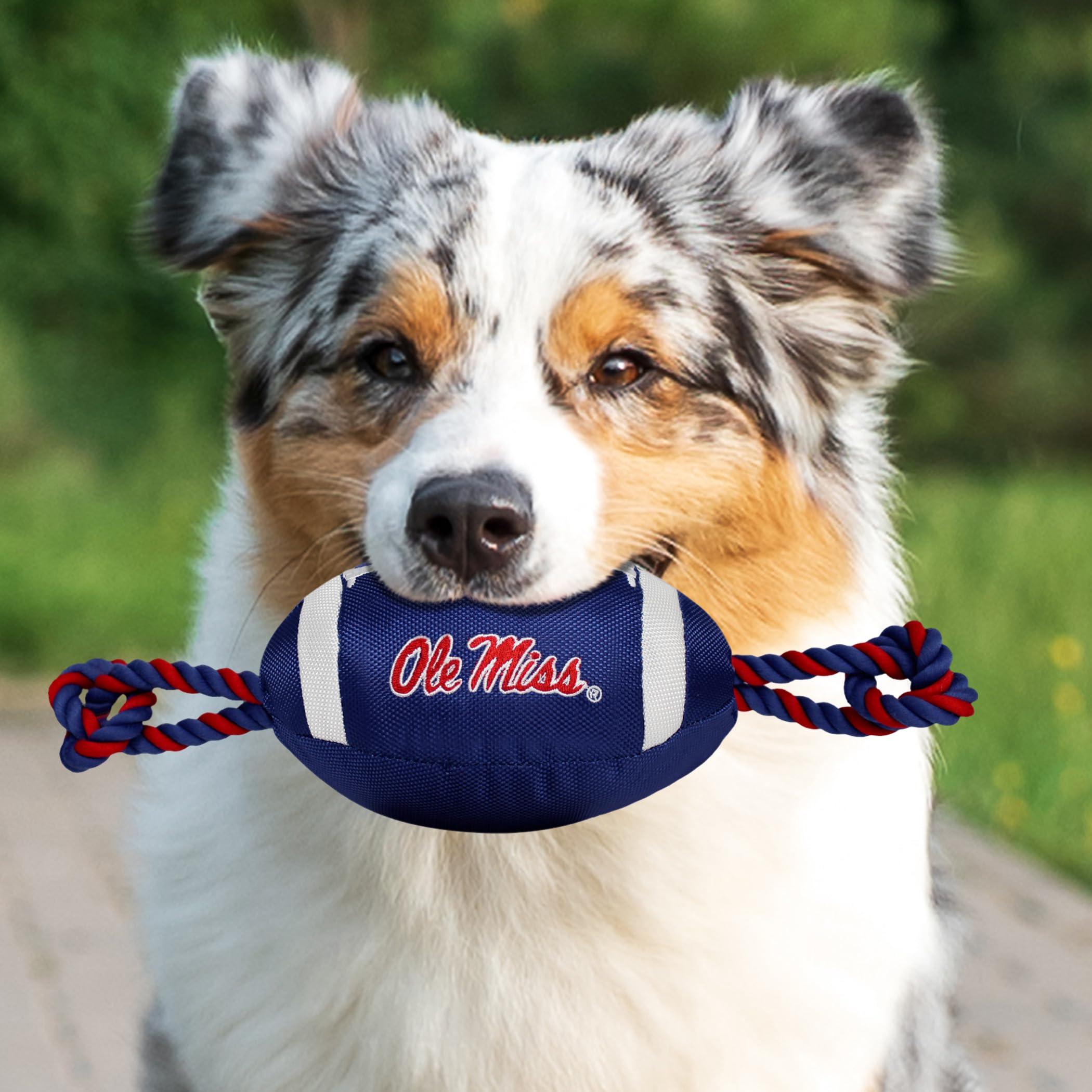 Pets First OLE Miss Football Dog Toy, Tough Quality Nylon Materials, Strong Pull Ropes, Inner Squeaker, Collegiate Team Color