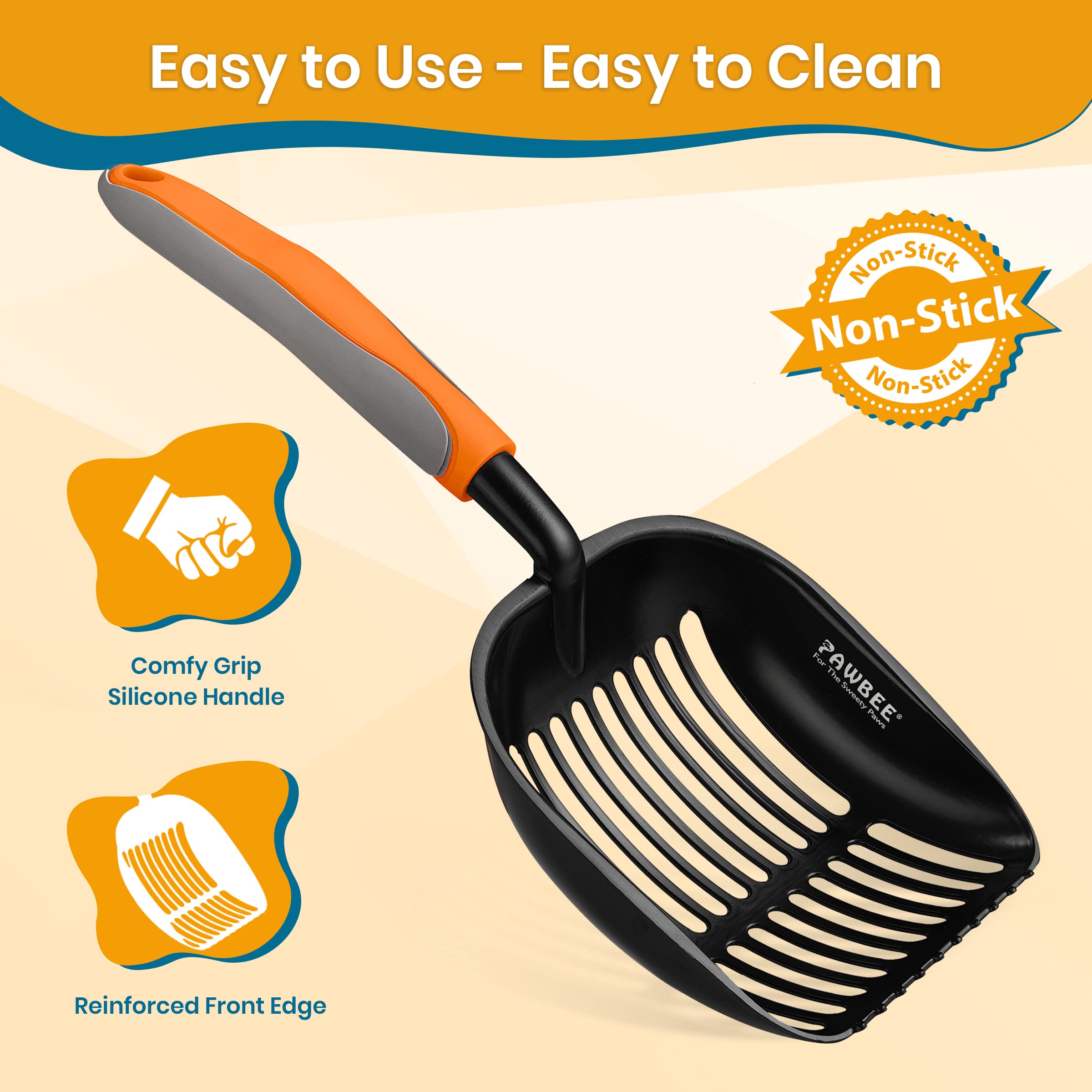 Pawbee Metal Cat Litter Scoop - Premium Non-Stick Cat Litter Scooper With Holder - Deep Shovel Cat Scooper - Long Non-Slip Handle Kitty Litter Scoop - Cat Poop Scooper - Cat Scooper For Litter Box