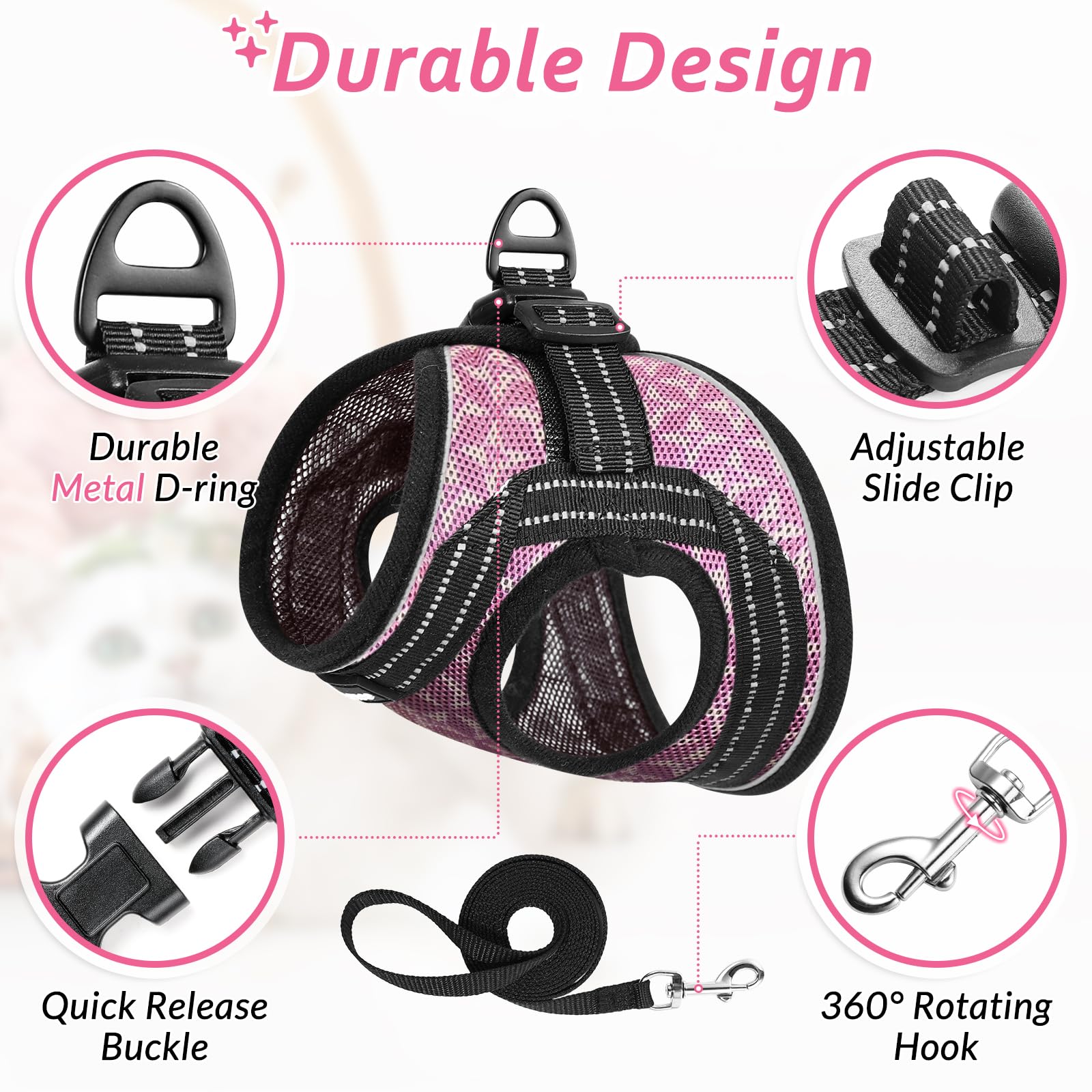 Catromance Cat Harness And Leash Set Escape Proof For Walking, Safe Adjustable Small Large Kitten Vest With Reflective Strip For Kitty, Easy Control Comfortable Soft Outdoor Harnesses, Pink, Large