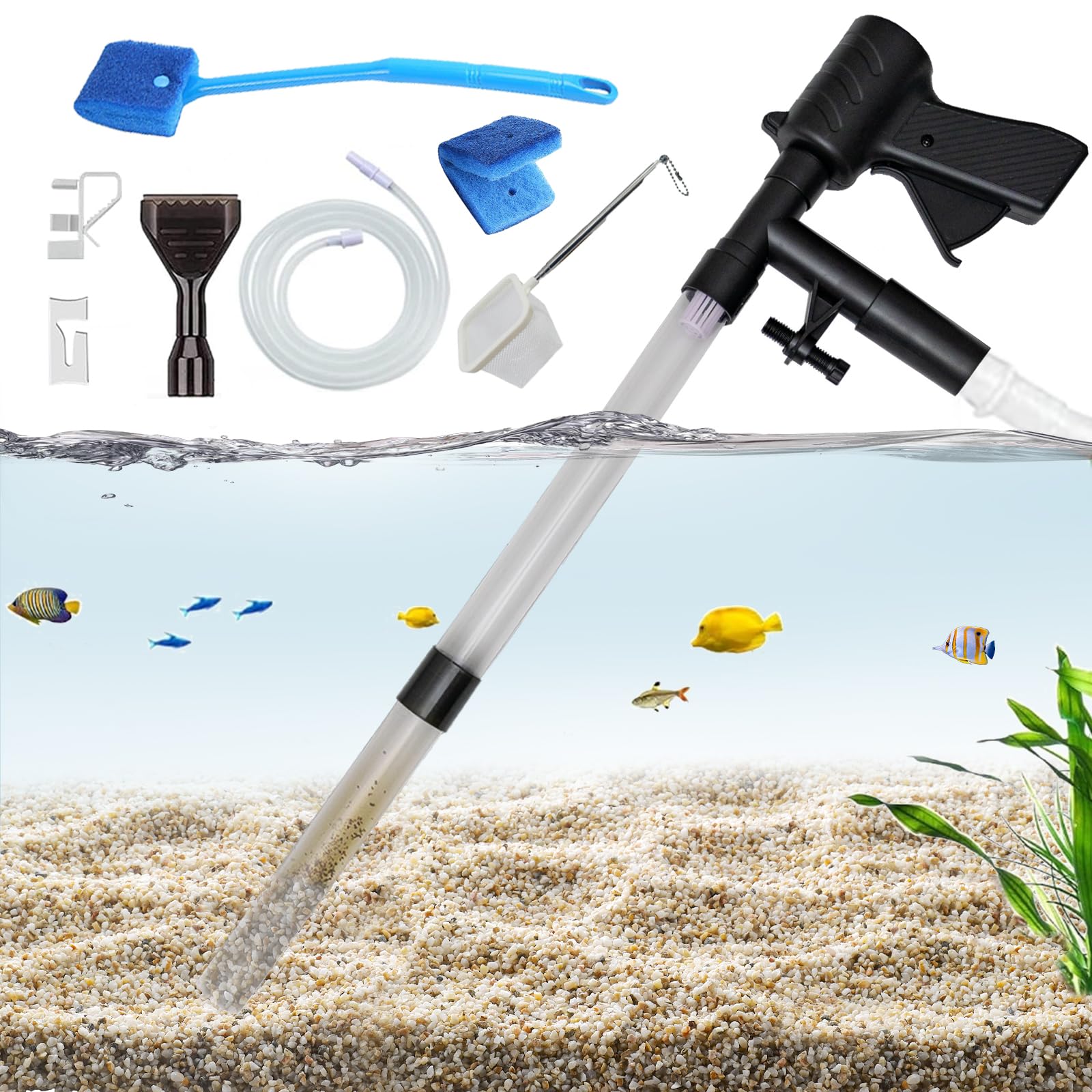 Carefree Fish Aquarium Gravel Cleaner 15~30In with 6Ft Water Hose Fish Tank Water Changer Sand Vacuum with Skimmer Net and Long 