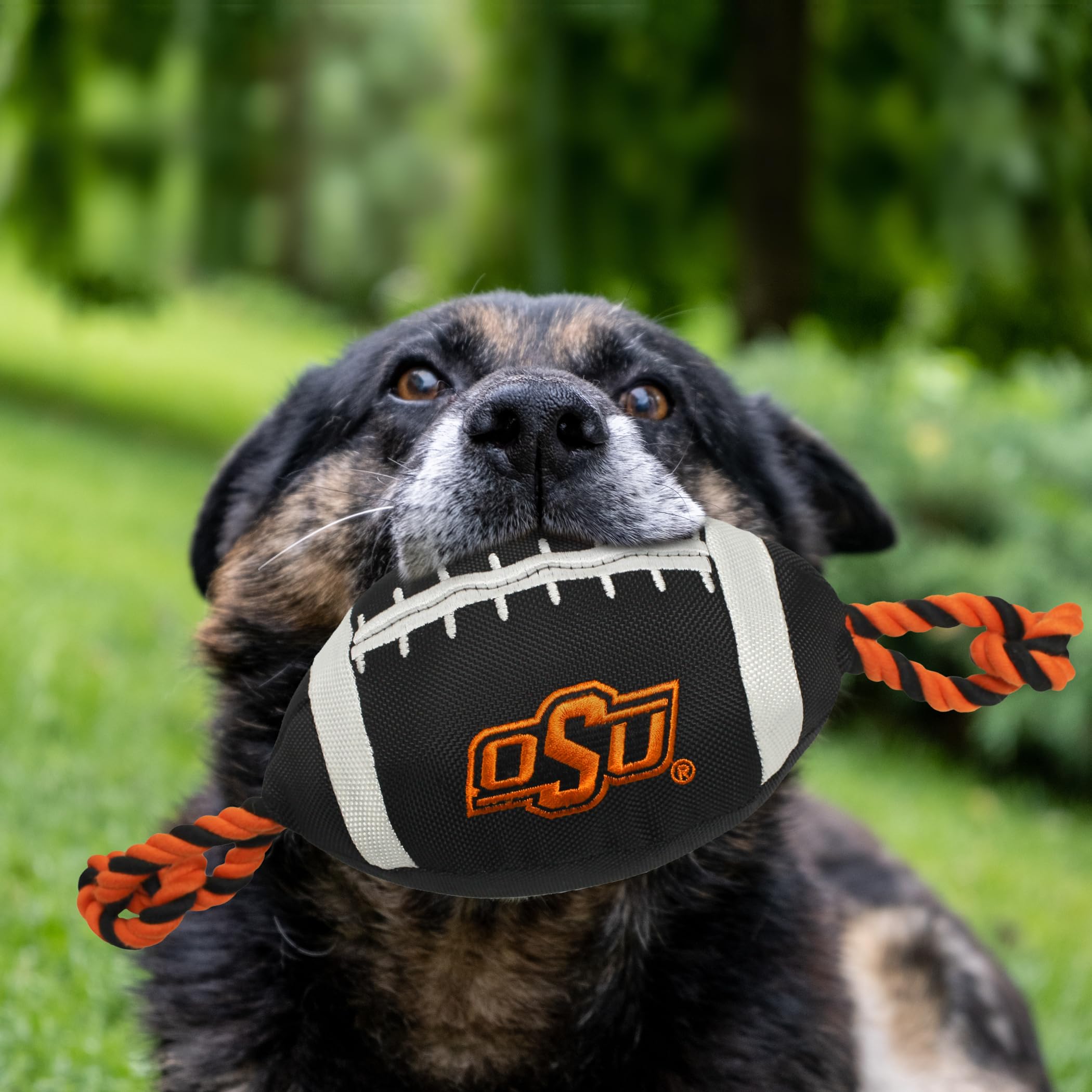 Pets First NCAA Oklahoma State Cowboys Football Dog Toy, Tough Quality Nylon Materials, Strong Pull Ropes, Inner Squeaker, Colle