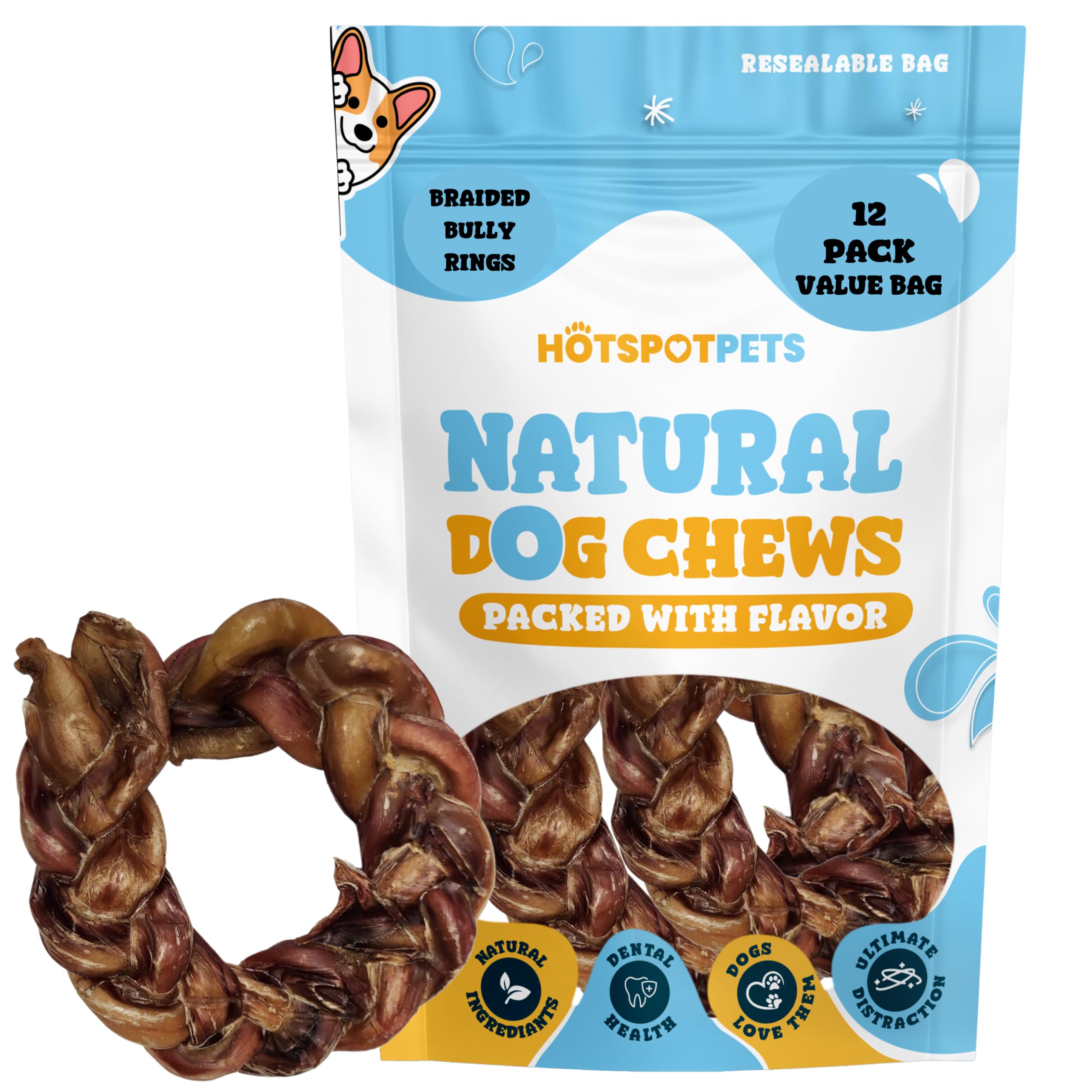 hotspot pets Braided Bully Stick Rings for Dogs - Premium All Natural Long Twisted Beef Pizzle Dog Chew Treats - Grain Free Full
