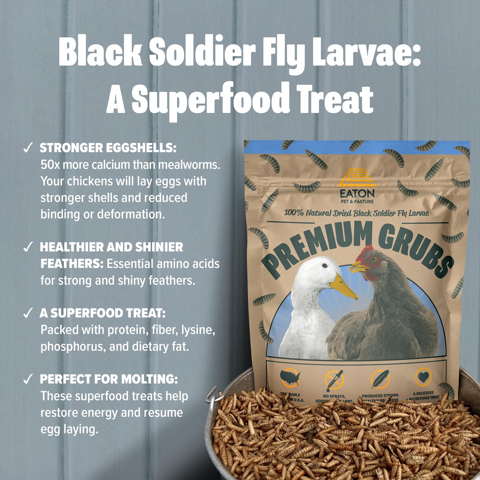 Eaton Pet and Pasture Premium Grubs, USA Grown Dried Black Soldier Fly Larvae, High Calcium Treat for Chickens, Ducks, Wild Bird