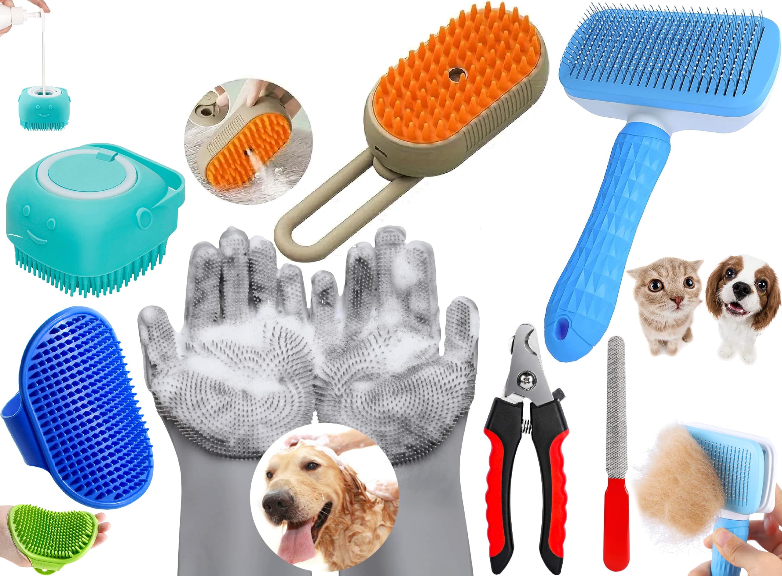 Style Keepers 6-In-1 Pet Grooming Combo For Dogs & Cats | Bathing Brush, Silicone Shampoo Dispenser, Deshedding Glove, Slicker B