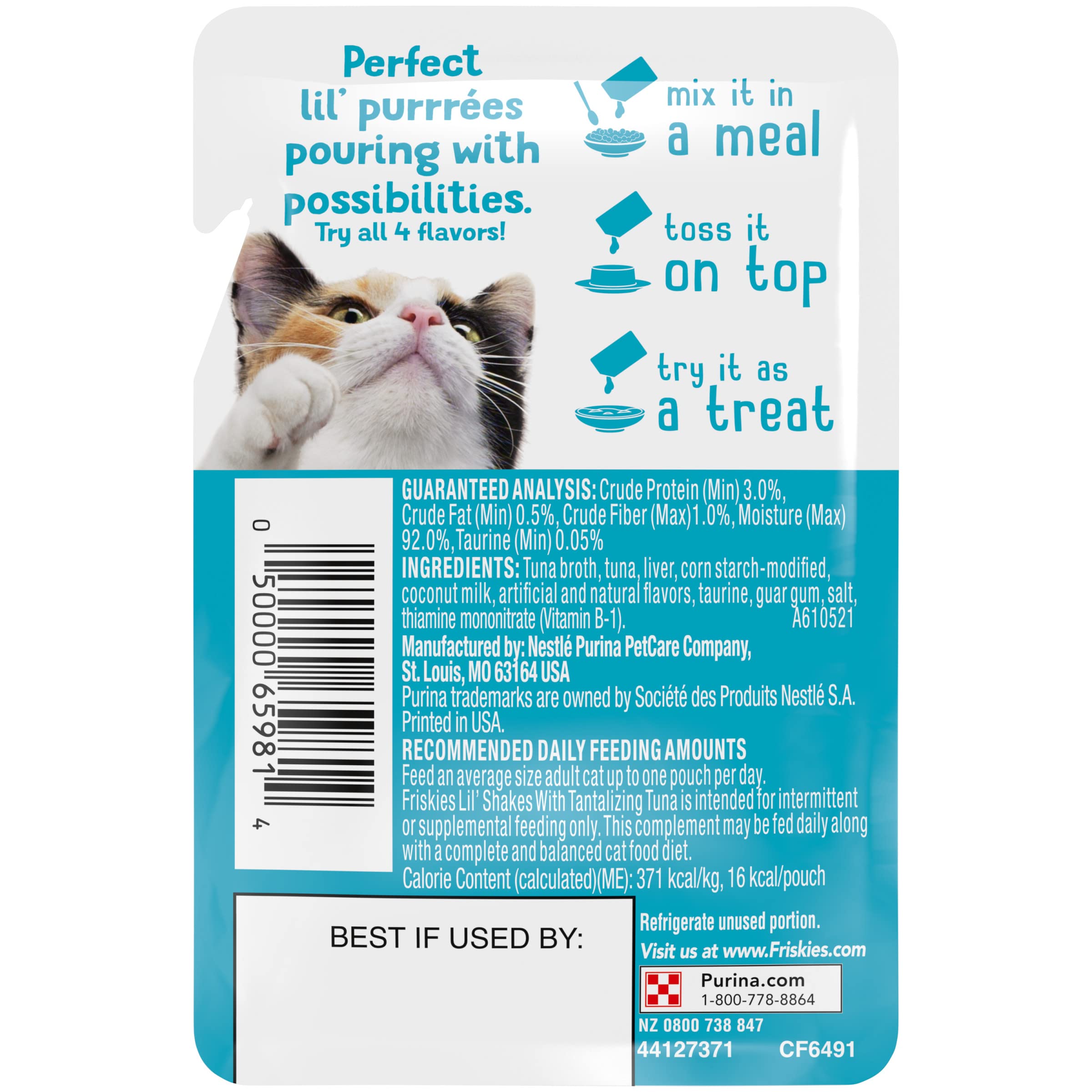 Purina Friskies Pureed Cat Food Topper, Lil Shakes With Tantalizing Tuna Lickable Cat Treats - (Pack of 16) 1.55 oz. Pouches