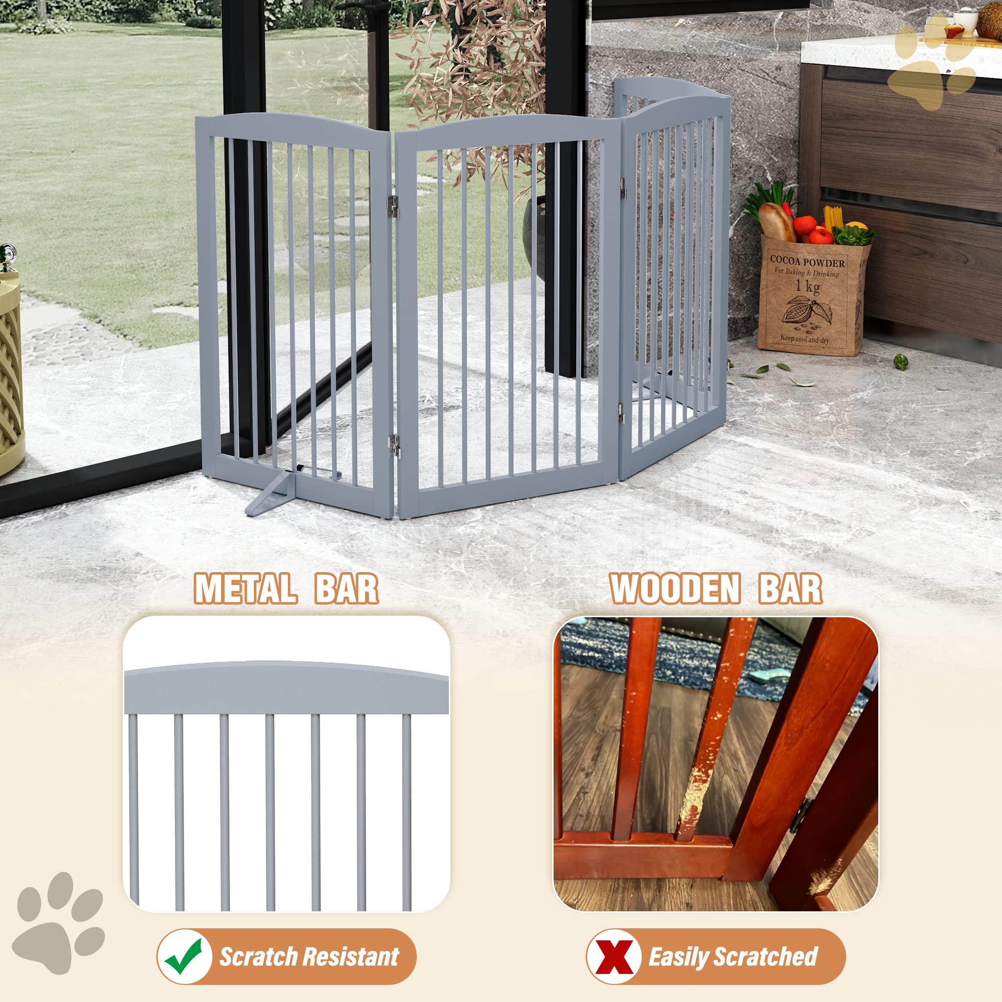 Pupetpo Freestanding Pet Gate For Dogs, Indoor Wooden Dog Gate For House, Foldable Dog Gate For Doorway, Stair,Hall, Step Over Pet Puppy Safety Fence Tall, 80 Inch Wide, 4 Panels 32',Grey