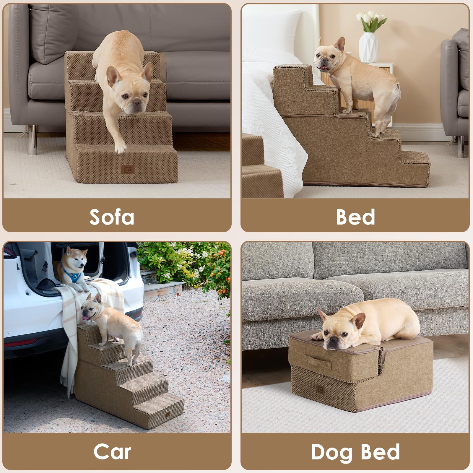 Eheyciga Dog Stairs For Bed 18”H, 4-Step Dog Steps For High Bed, Pet Steps For Small Dogs And Cats, Non-Slip Balanced Dog Indoor Ramp, Camel