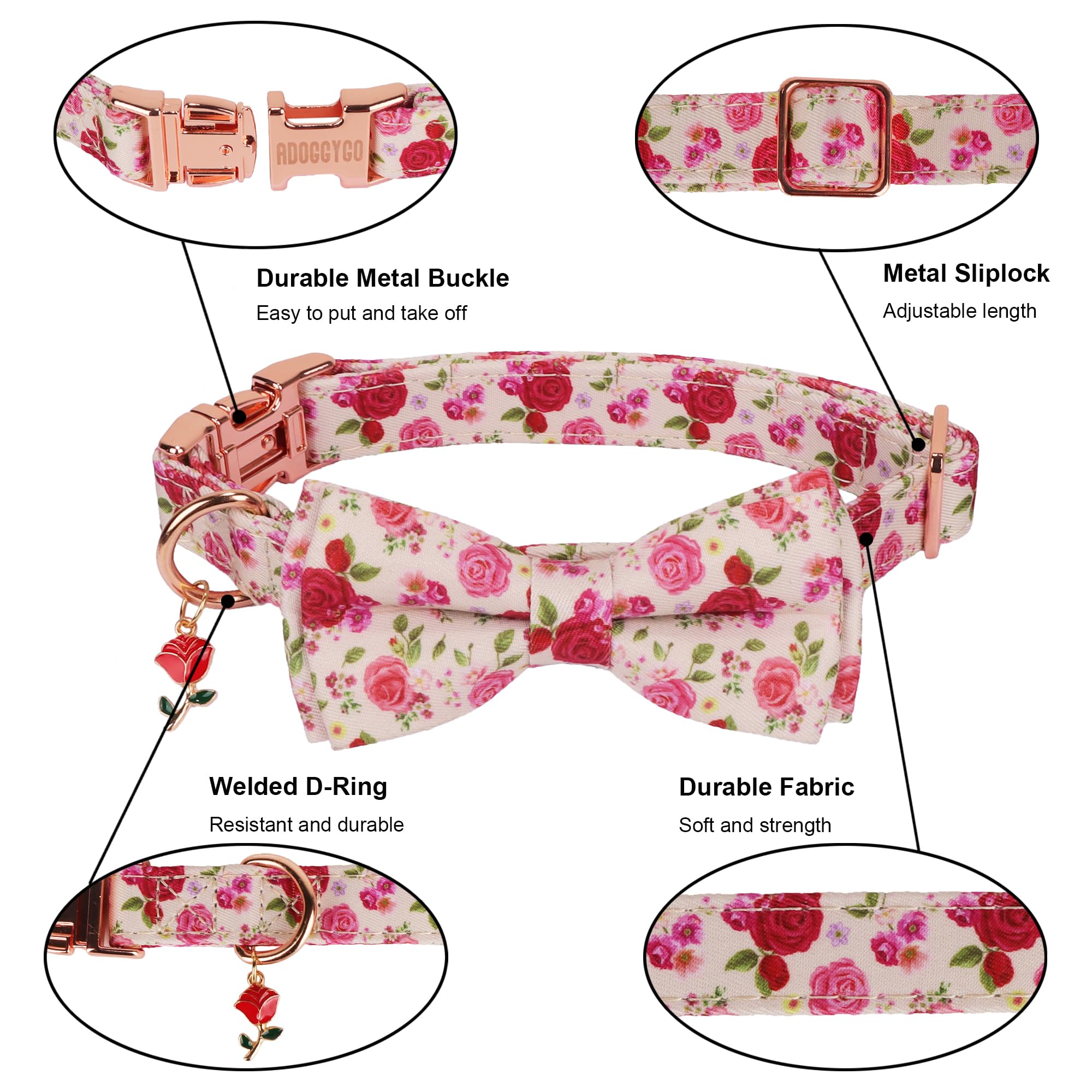 Adoggygo Floral Dog Collar With Bow, Red Pink Rose Flower Dog Bow Collar With Metal Buckle, Adjustable Pet Floral Collars For Ex