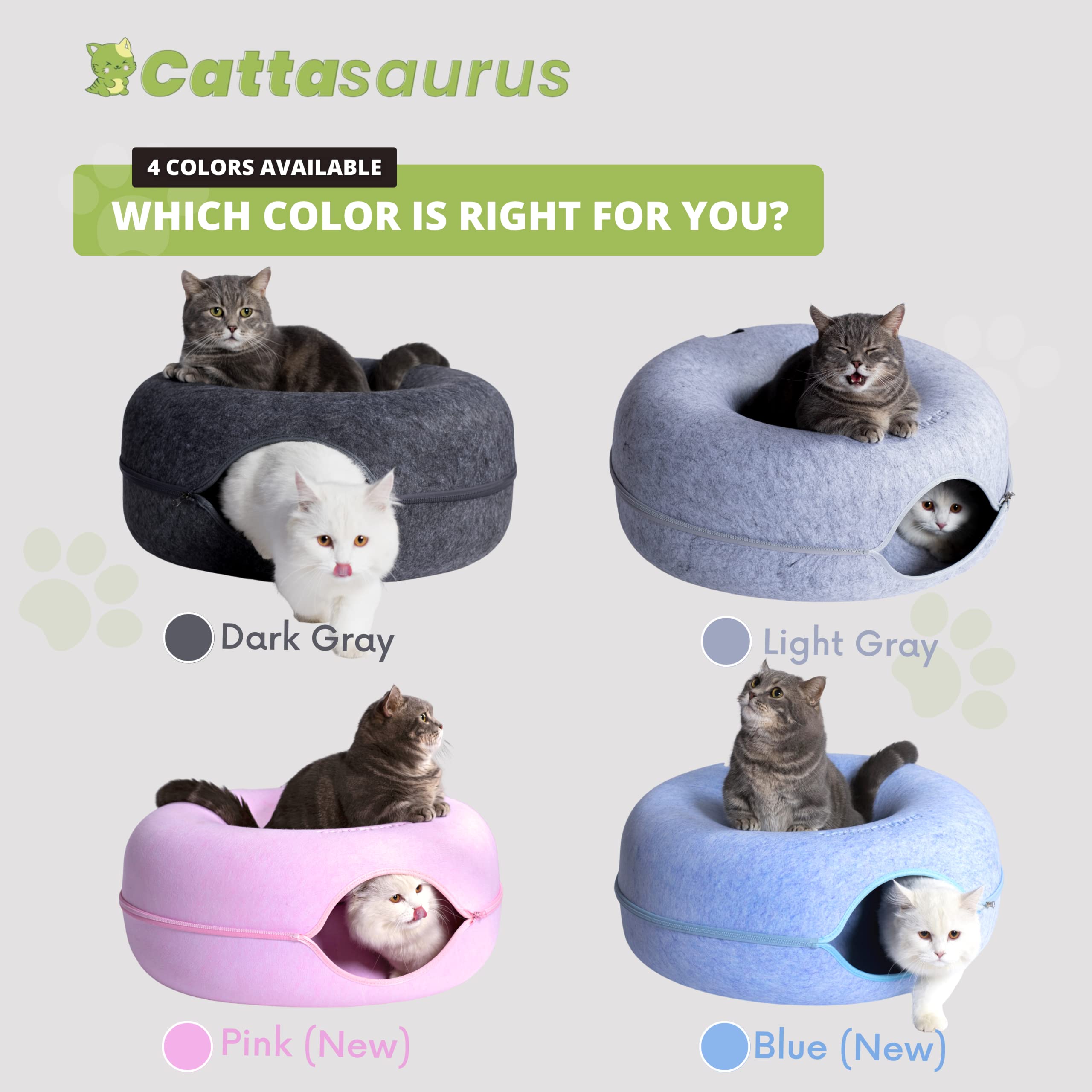 Cattasaurus Peekaboo Cat Cave For Multiple & Large Cats Up To 30-45 Lbs, Scratch Detachable & Washable Tunnel Bed, Comfy Donut Cat Cave (Light Gray, Large)