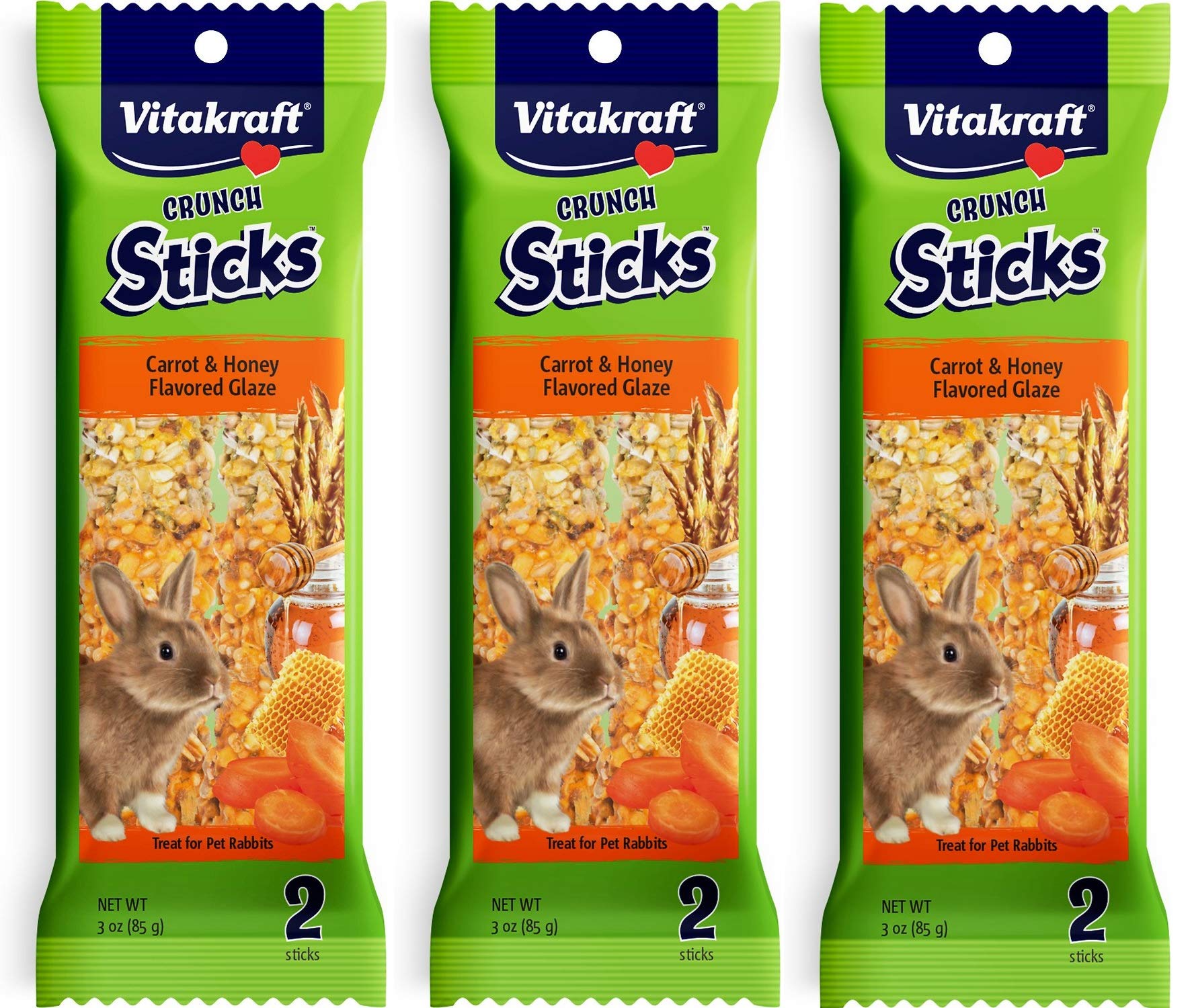 Vitakraft 3 Pack of Carrot and Honey Crunch Sticks Rabbit Treats, 2 Sticks Each