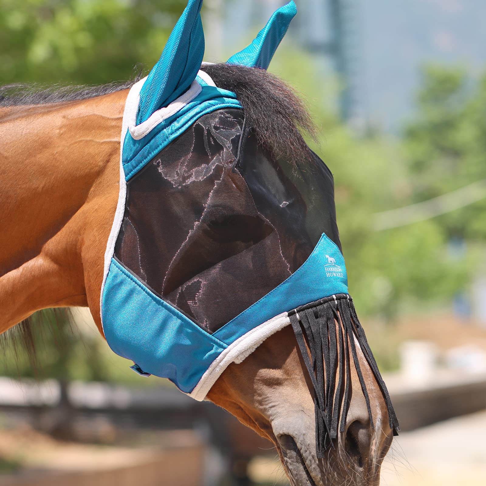 Harrison Howard CareMaster Horse Fly Mask with Ears and Nose Fringe Fly Protector Defender Mask Sky Blue Full Size