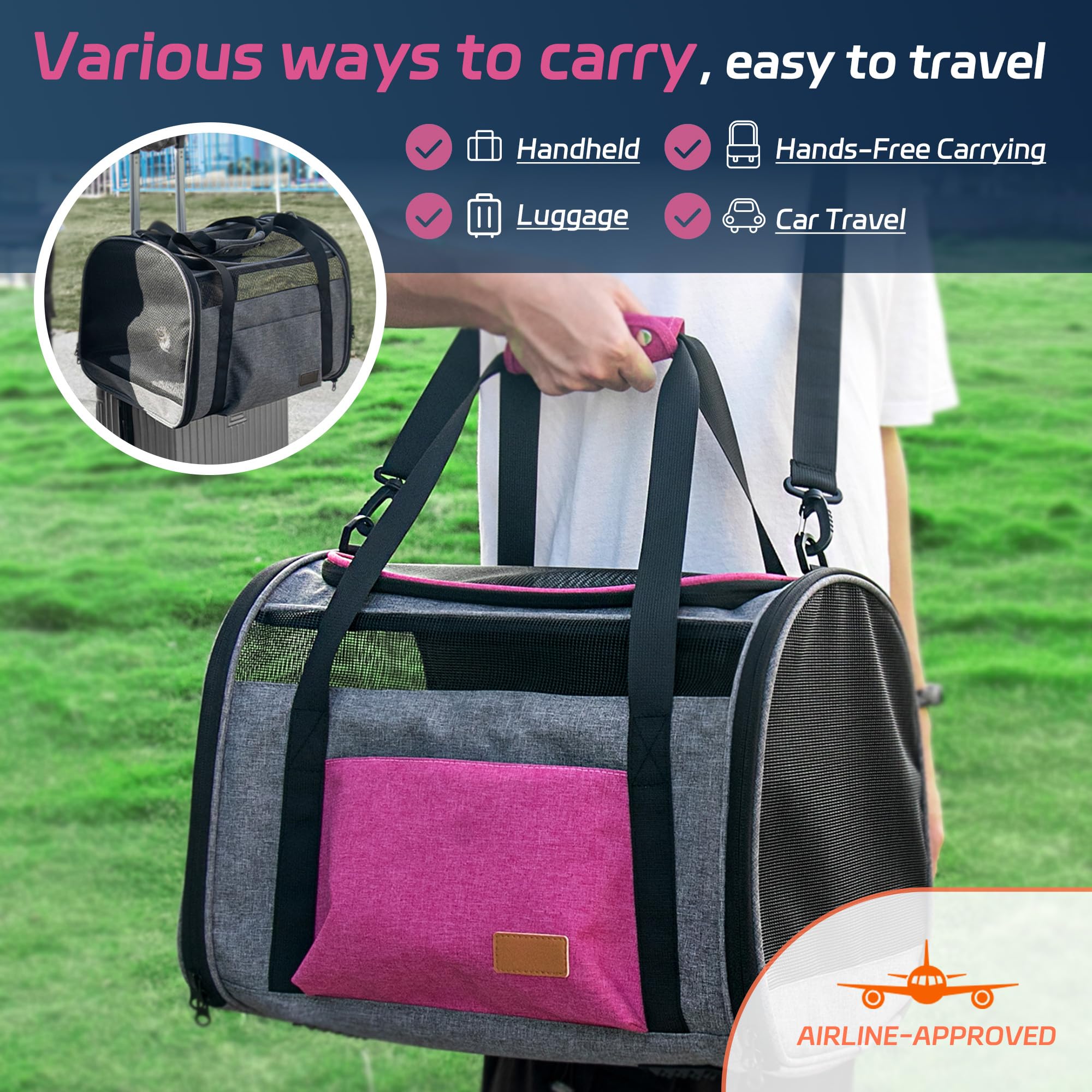 Large Cat Carrier For 20 Lbs Pets - Soft Sided Breathable Mesh Travel Carrier, Airline Approved, Washable For Small Dogs Puppies