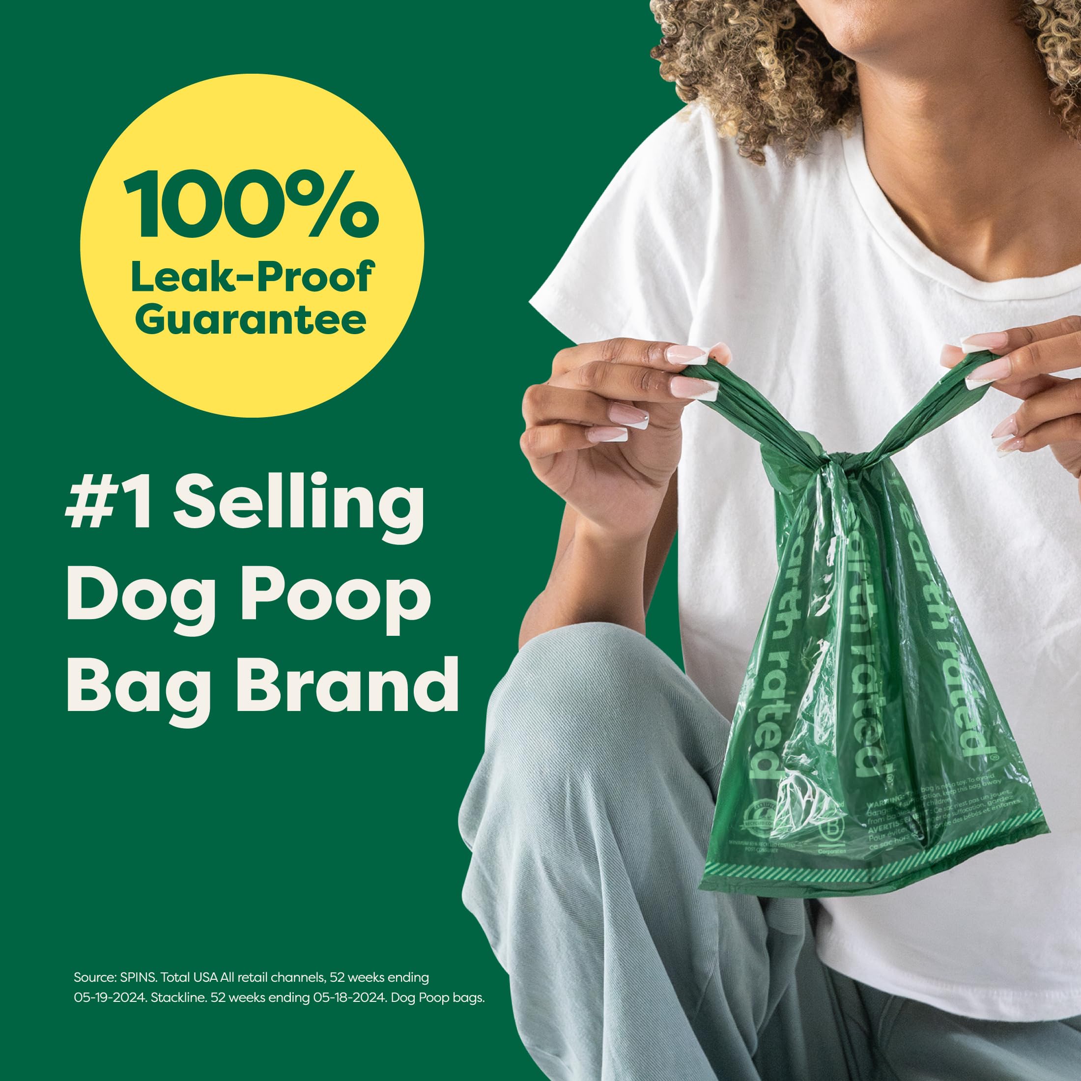 Earth Rated Dog Poop Bags With Handles On Refill Rolls, Easy-Tie On A Compact Roll, Extra Wide Opening, Guaranteed Leak-Proof, Unscented, 105 Count