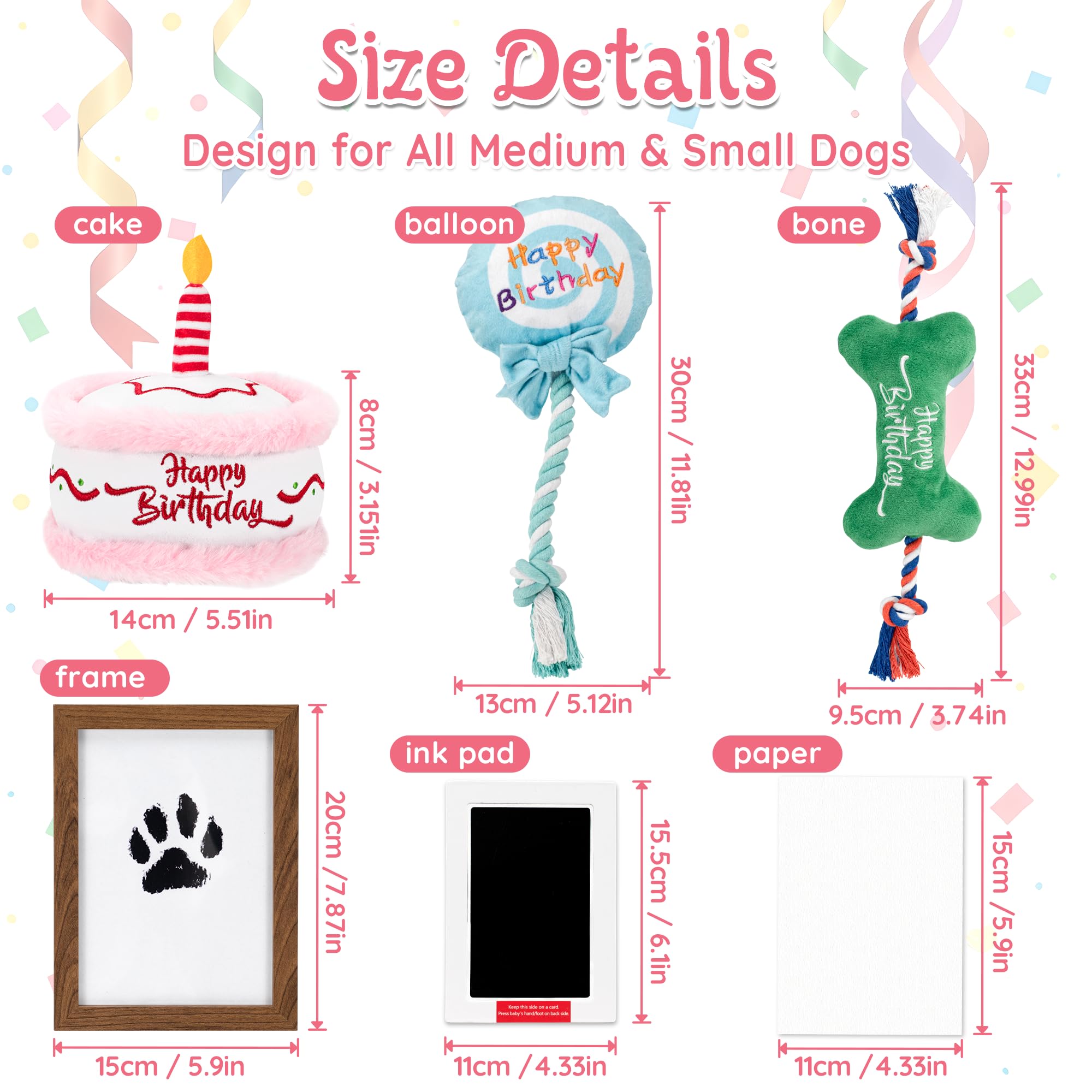 LECHONG Dog Birthday Gifts Set, Squeaky Dog Toys and Memorial Paw Print Kit for Small Medium Dogs Birthday Celebration Include B
