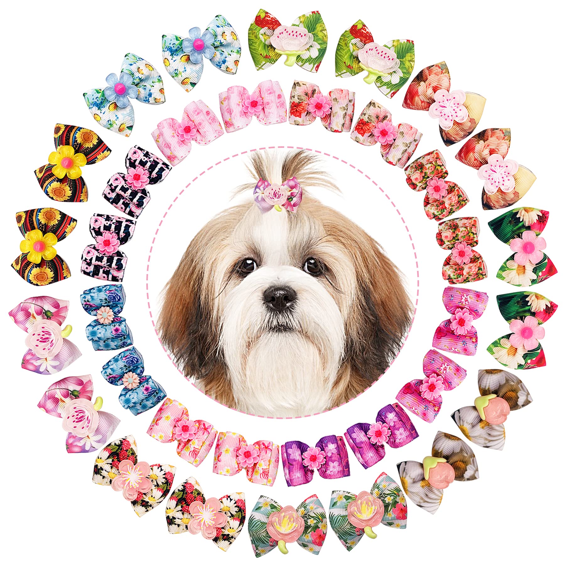 Jpgdn 50Pcs/25Pairs Dog Hair Bows With Rubber Band Spring Floral Pattern For Girls Female Cat Rabbit Puppy Poodle Top Knot Elast