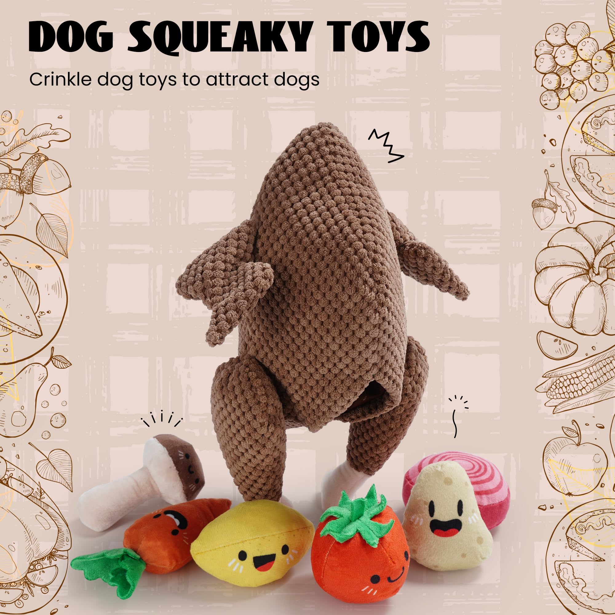 Nocciola 7-in-1 Thanksgiving Turkey Dog Toys, Squeaky Plush, Interactive Chew Toys for All Dog Sizes, Brown, Model DT-DFM-TFM-HJ