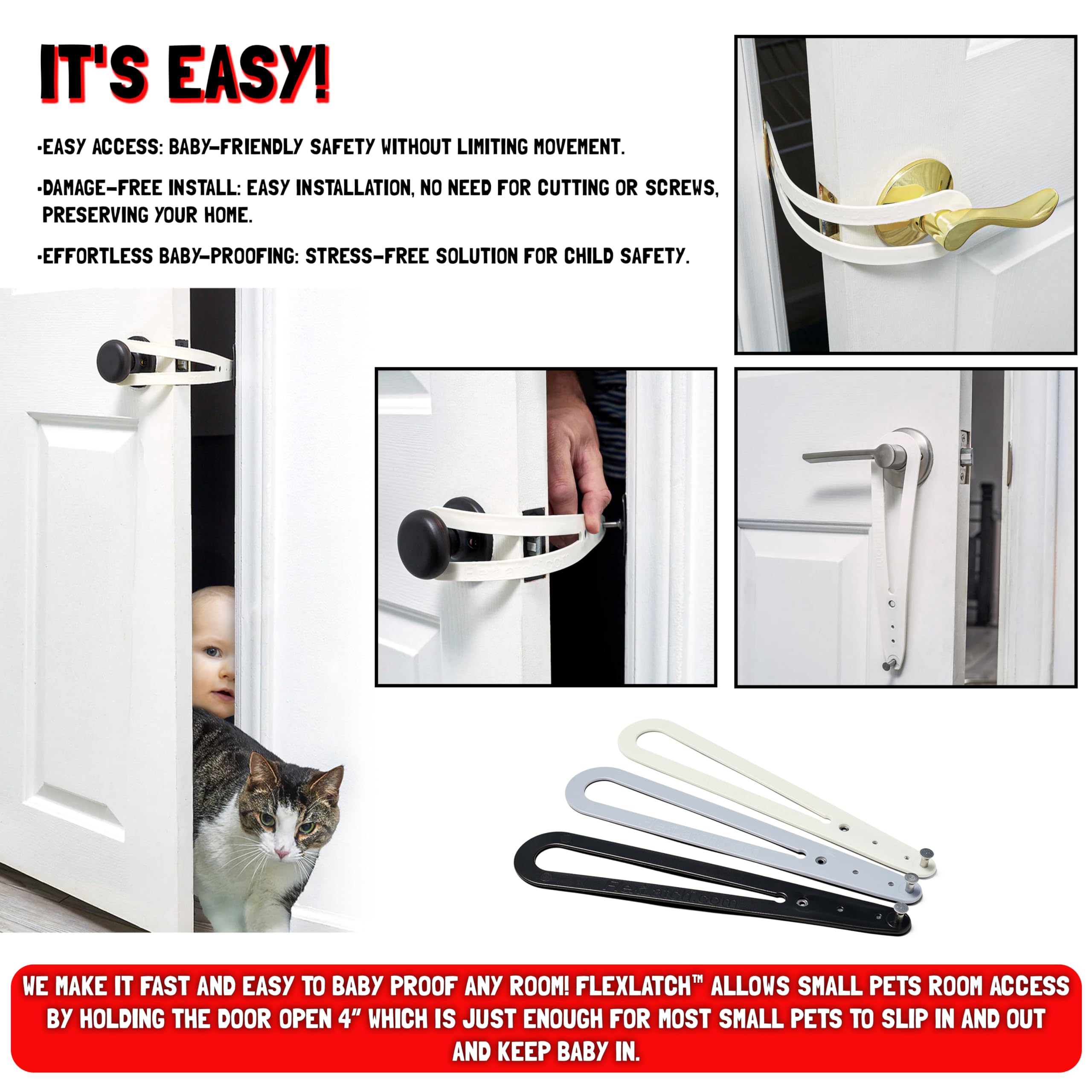 Flexlatch Baby-Pet Door Holder Latch, Child Proof Door Lock, Flex Latch Strap, Lets Cats In And Keeps Children Out (White)