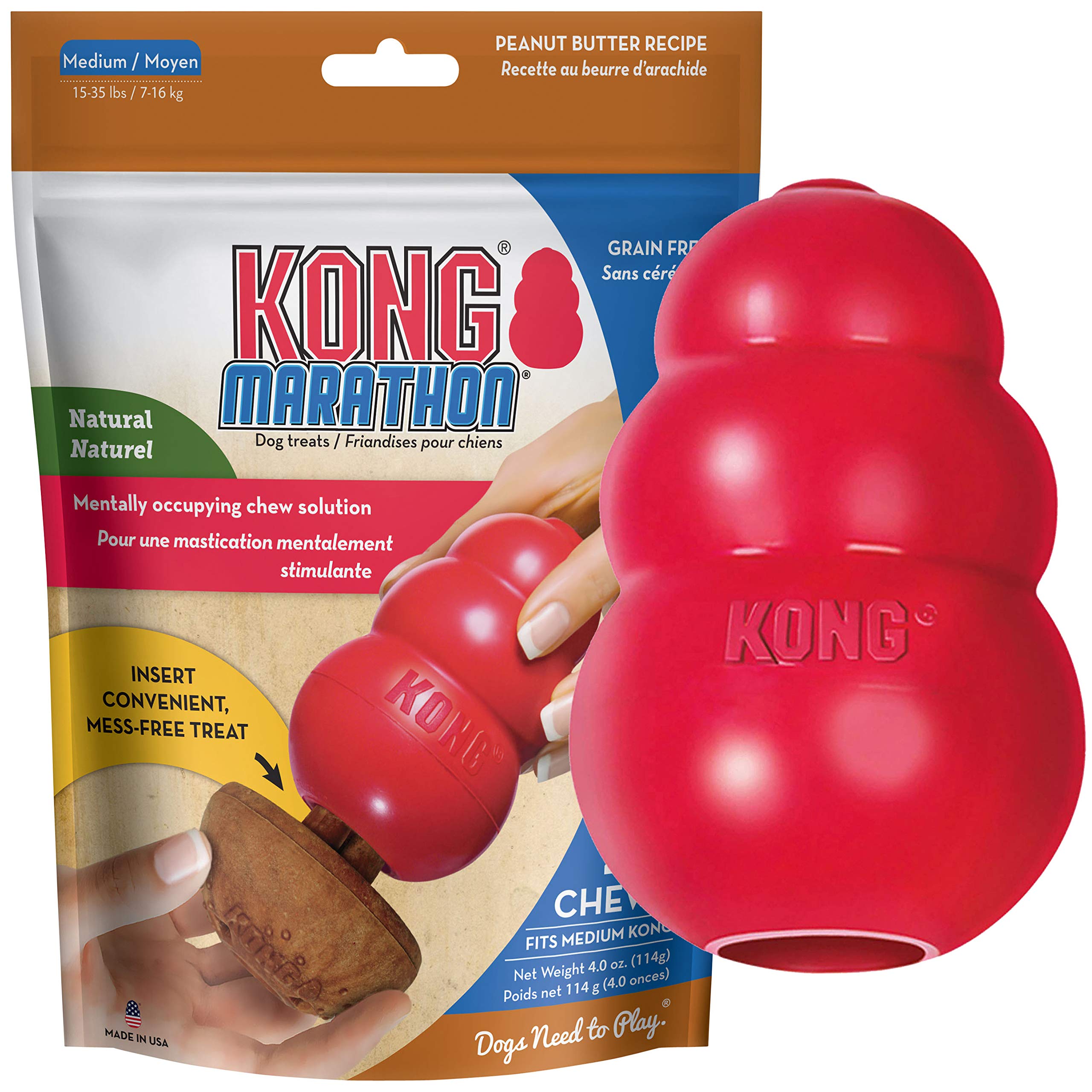 KONG - Classic Durable Dog Toy and Marathon Chew Treat Combo (2 Pieces) - Peanut Butter, Medium