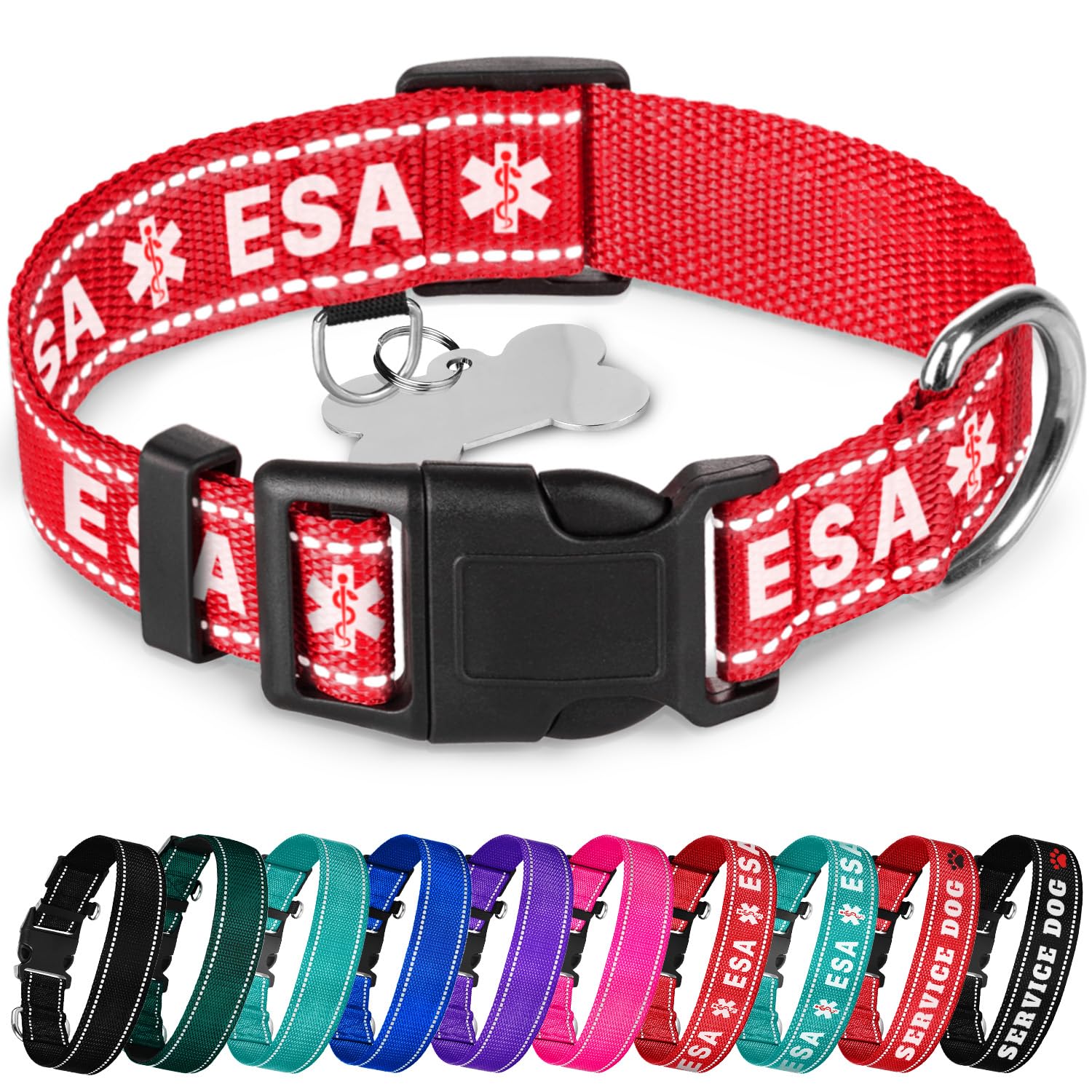 Teceum Reflective Pet Collar - Red - Esa - M - Basic Nylon Dog Collar - Quick Release Buckle - Fits Small, Medium And Large Dogs