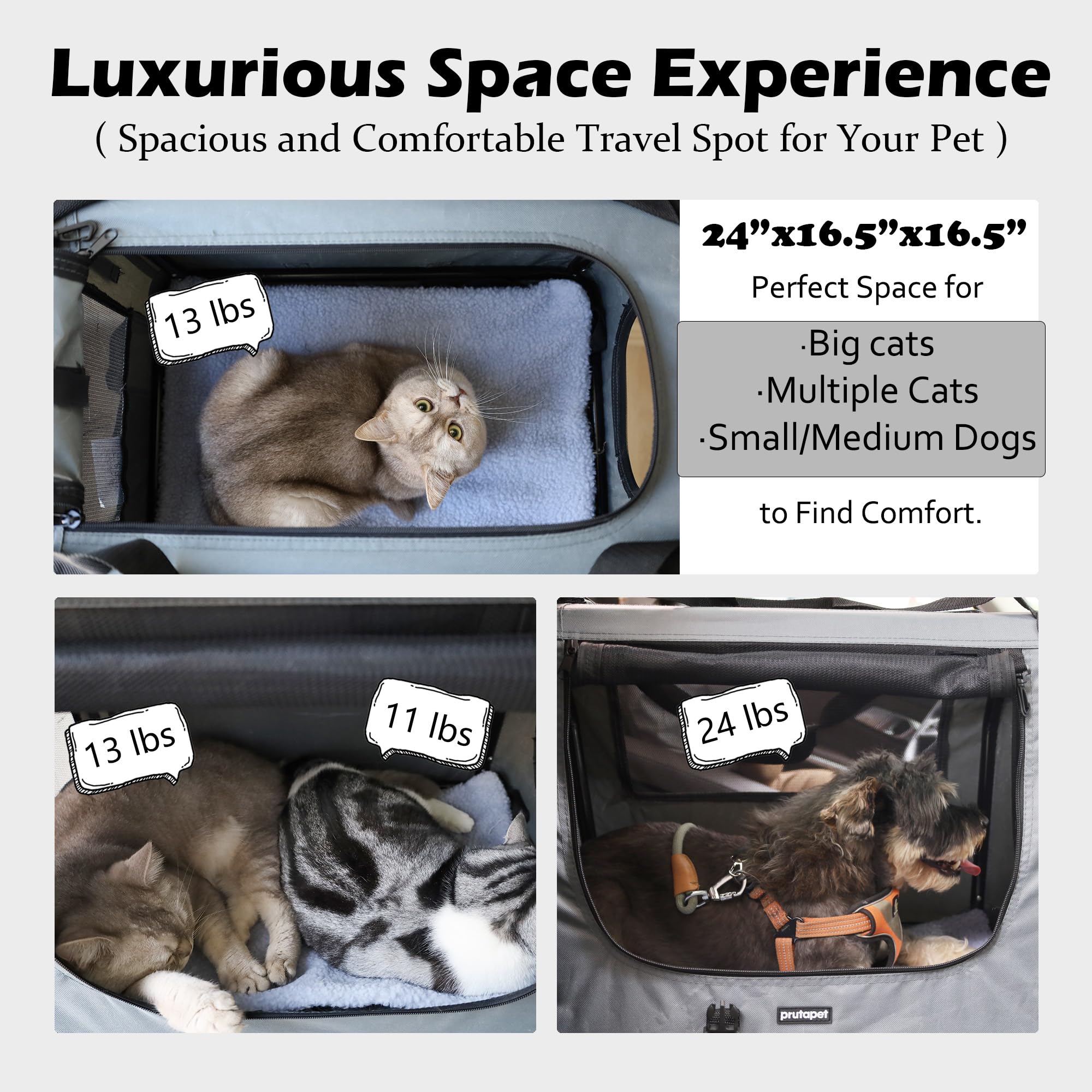 Prutapet Large Cat Carrier 24''X16.5''X16.5'' Soft-Sided Portable Pet Crate For Car Traveling With Collapsible Litter Box And Bo