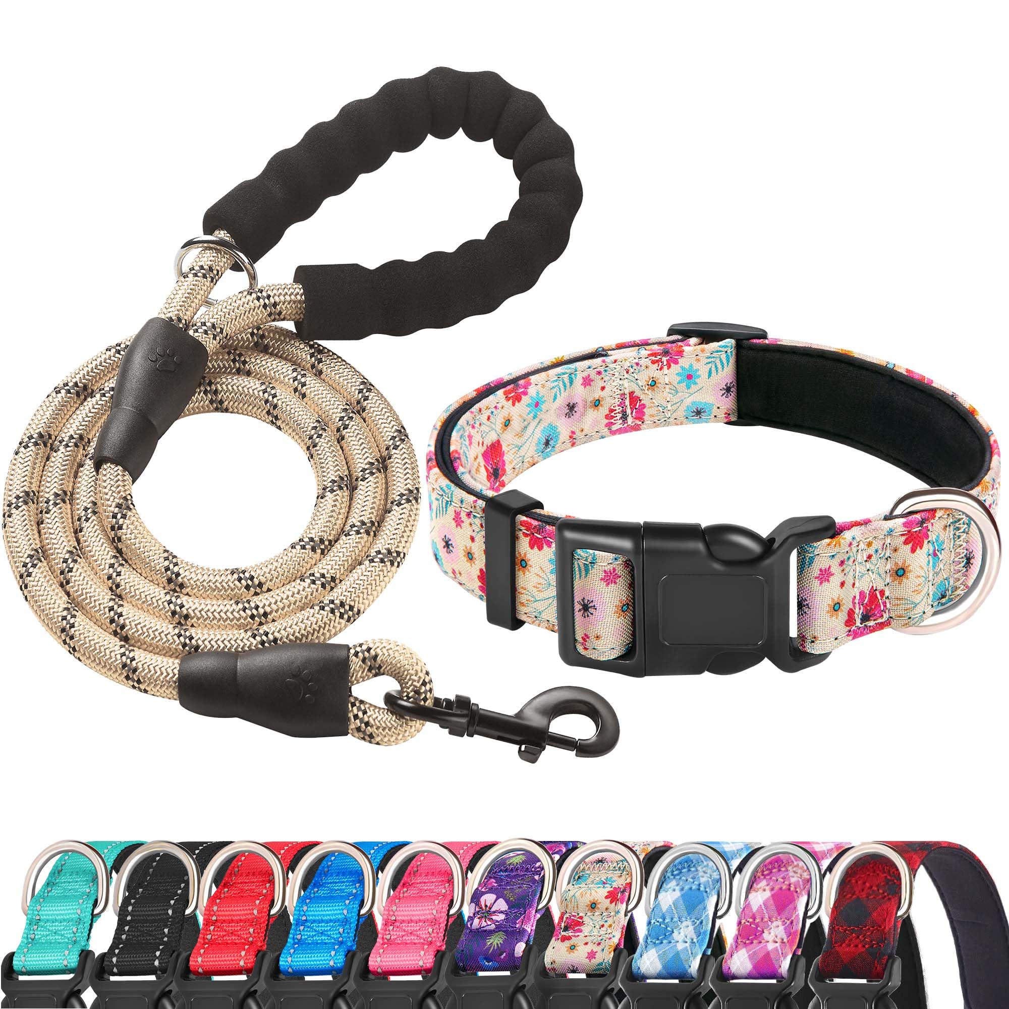 Ladoogo Reflective Dog Collar Padded With Soft Neoprene Breathable Adjustable Nylon Dog Collars For Small Medium Large Dogs (Large (Pack Of 1), Vanila/Pink Floral Collar+Leash)