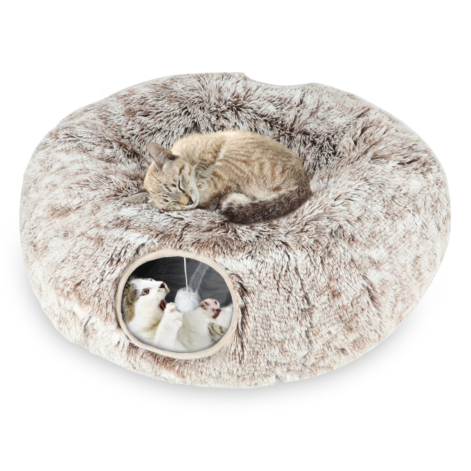 Lonepetu Plush Cat Tunnel Bed For Indoor Cats, Collapsible Cat Donut Tunnel With Central Mat, Fluffy Cats Cave Tube With Hanging