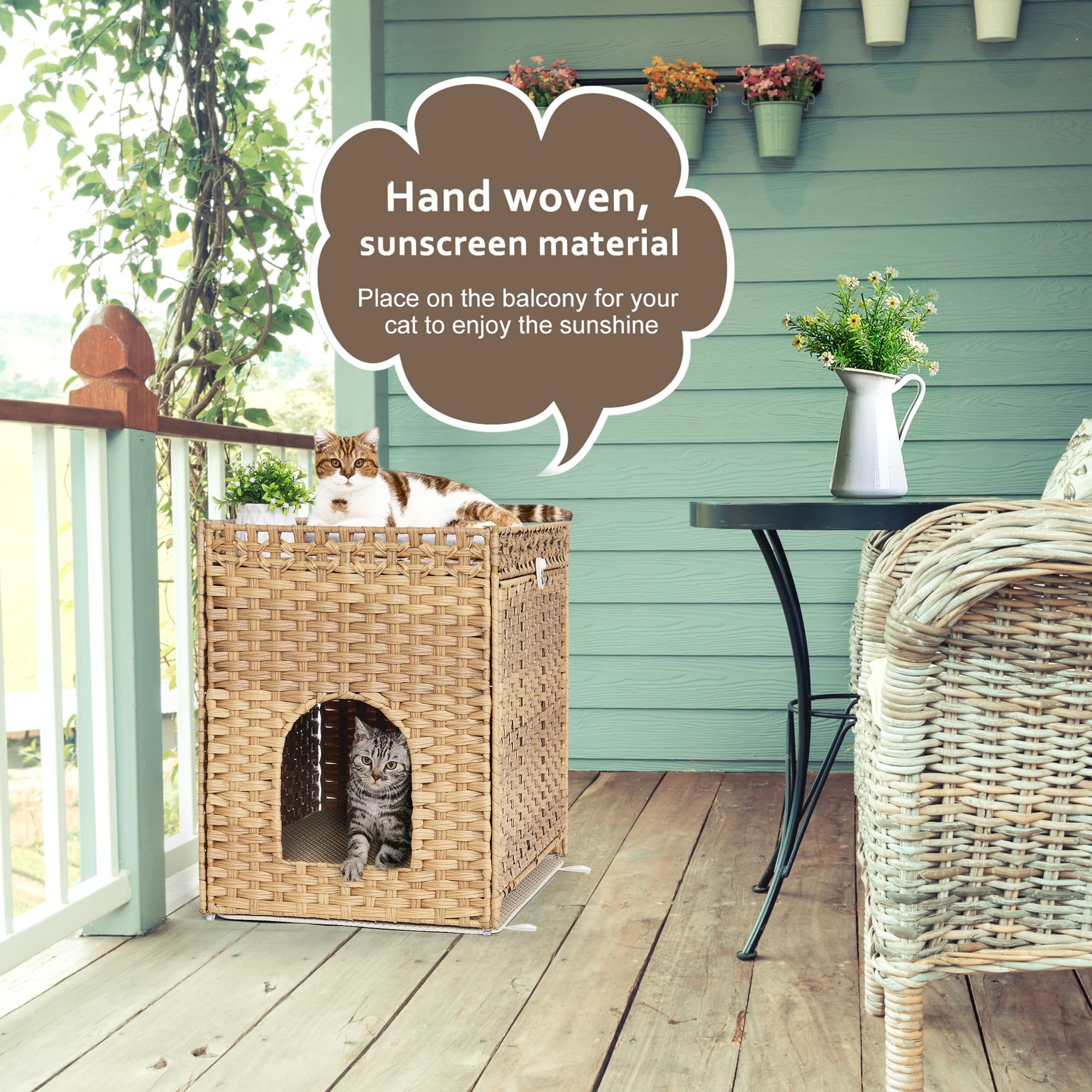 Cat Litter Box Enclosure With Soft Litter Mat; Hidden Cat Washroom Furniture With Door; Handwoven Rattan Kitten House With Large