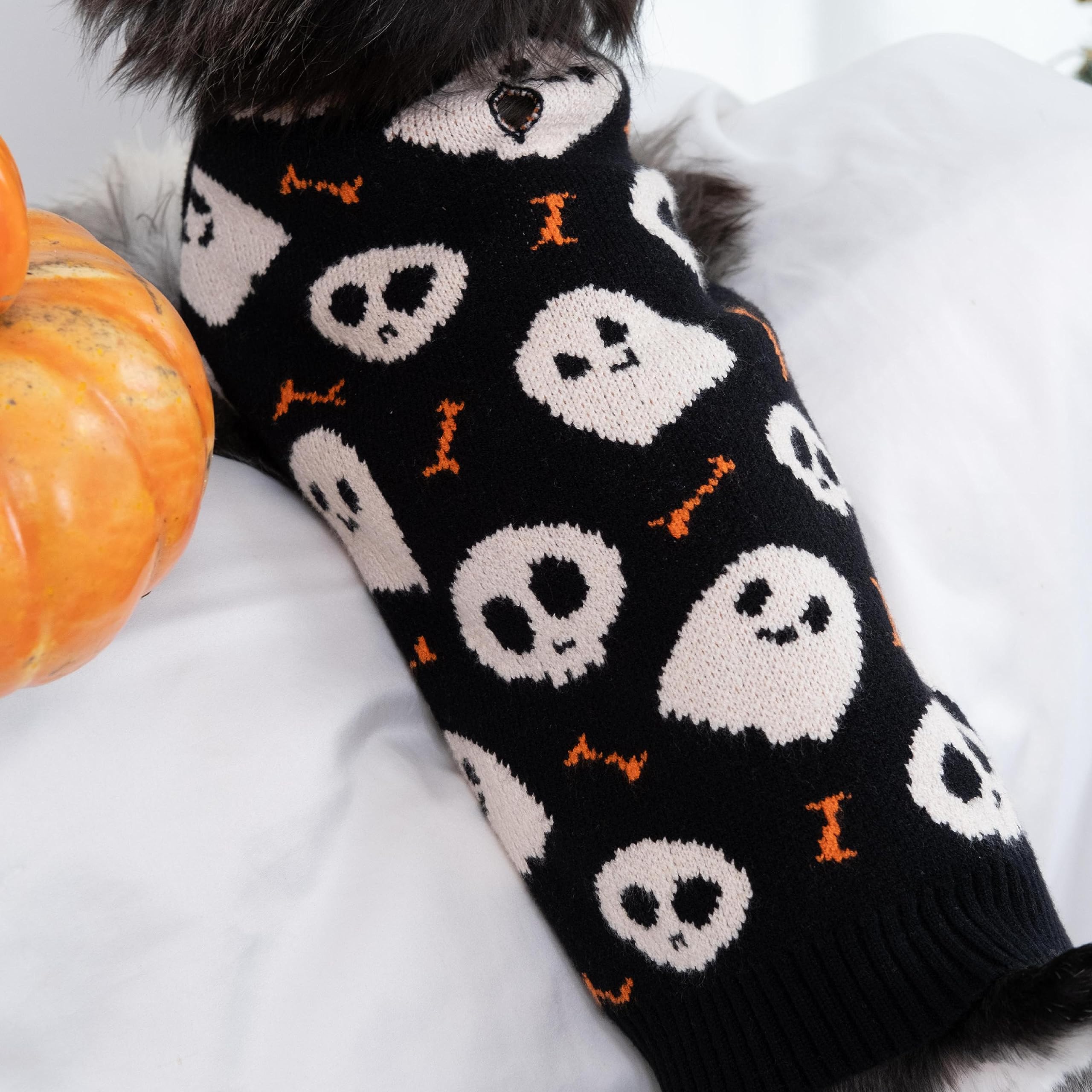 Cutebone Halloween Skull Dog Sweater For Medium Dogs Turtleneck Pet Winter Clothes Cat Apparel With Harness Hole