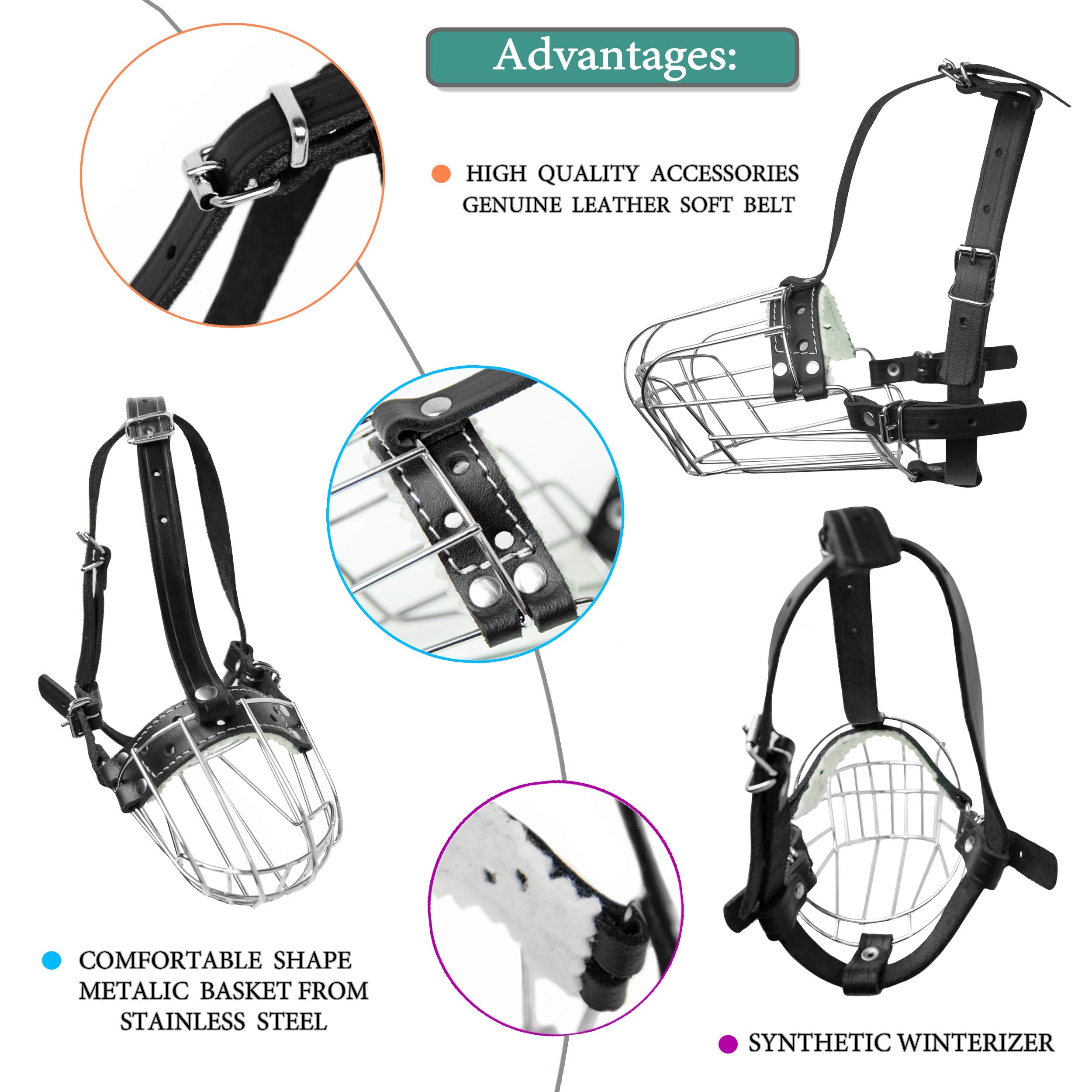 Dog Chrome Metal Muzzles Wire Basket Adjustable Leather Straps (?3+) Snout Circumference Is 9.4-10.2 In, Length Is 3.5-4.1 In