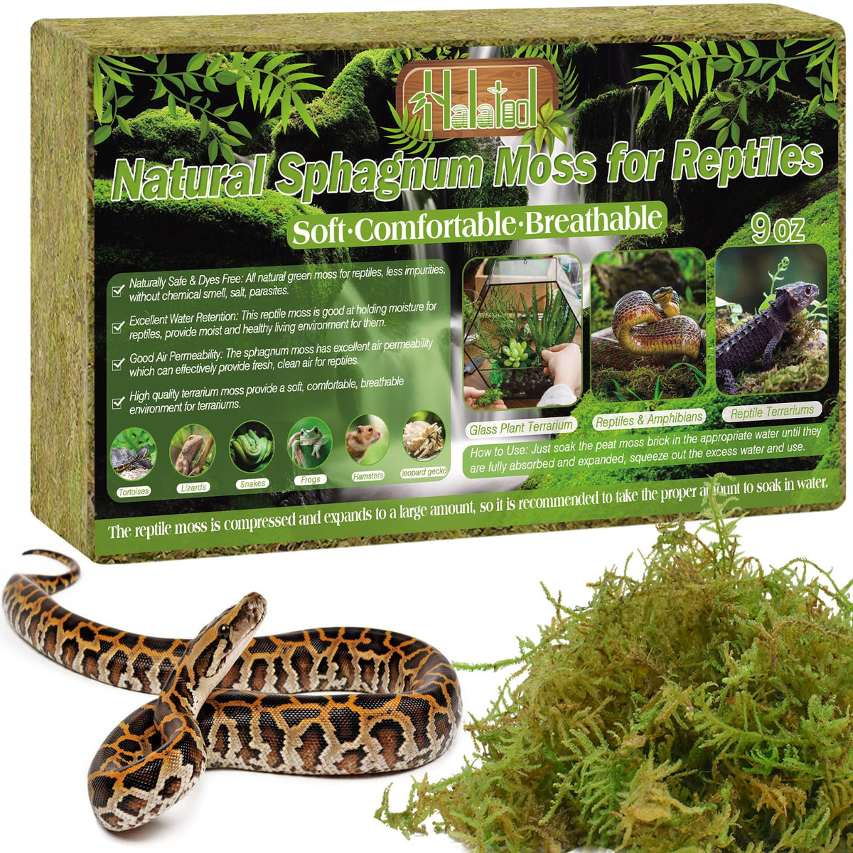 Halatool 9Oz Natural Sphagnum Moss For Reptiles- 14Qt Green Live Moss For Terrarium Plants Long Fiber Reptile Moss For Leopard G
