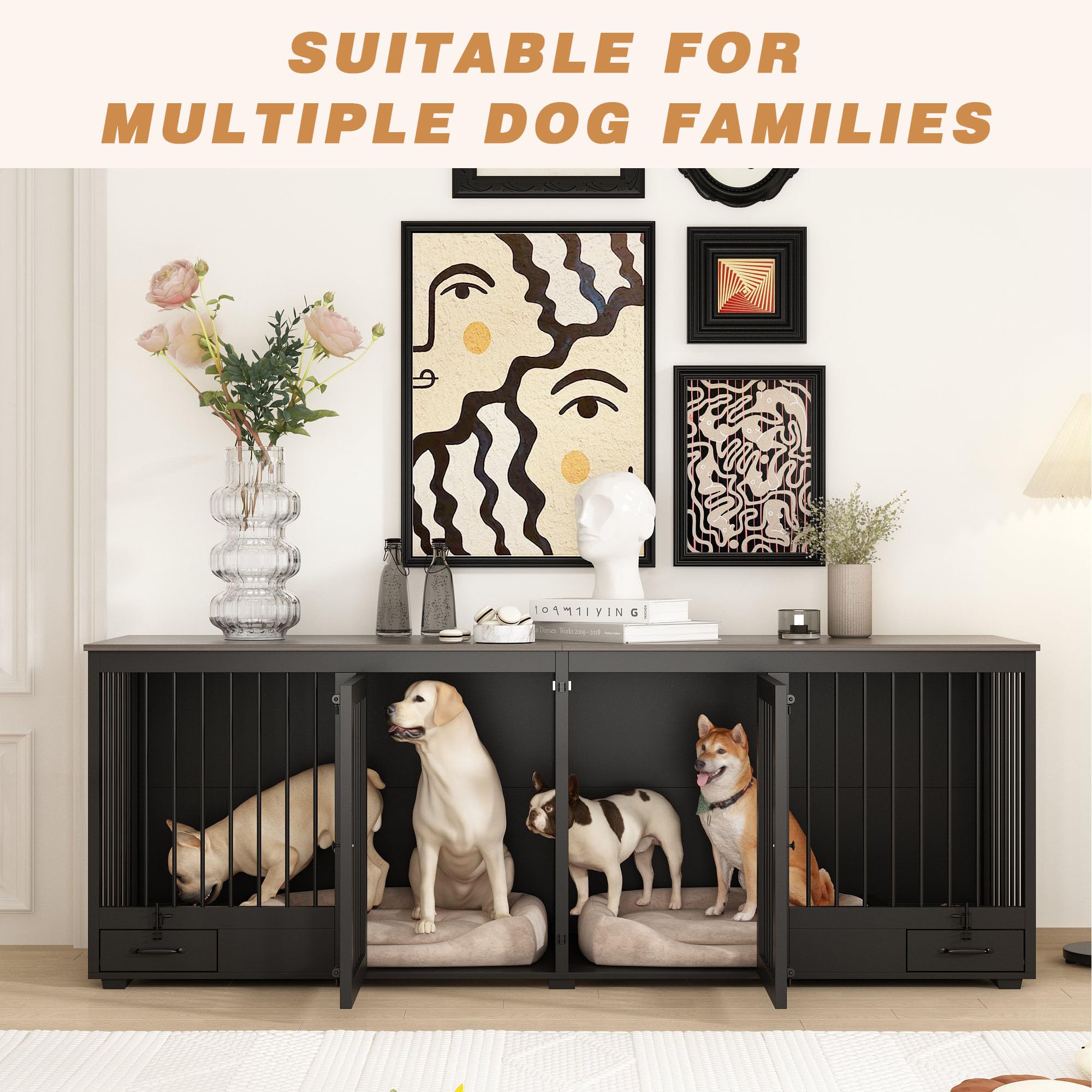 DAWNSPACES Furniture Style Large Dog Crate for 2 Dogs, 86.6  Heavy Duty Wooden Dog Kennel with Dog Bowl Drawers & Divider, Indoo