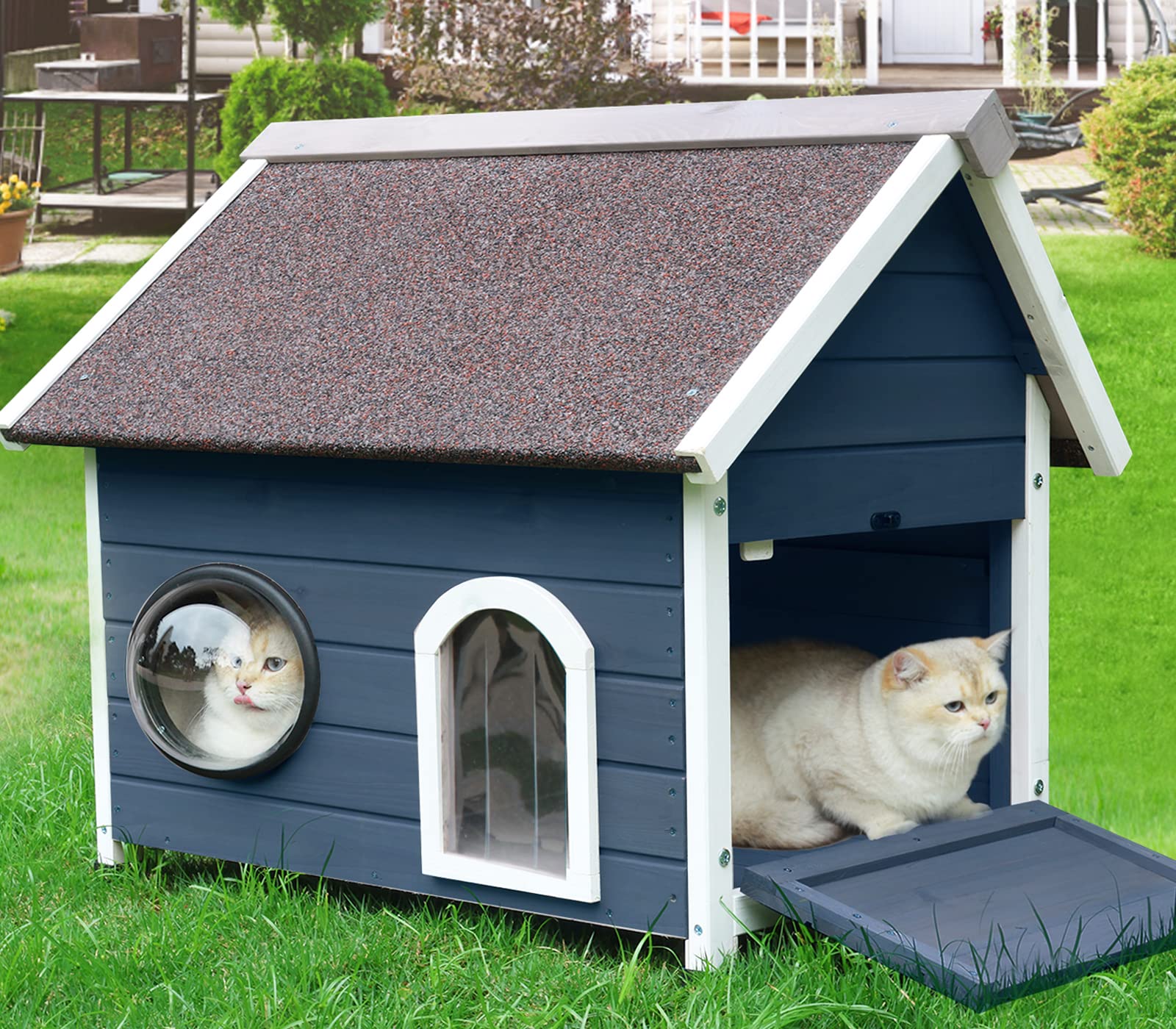 Rockever Outdoor Cat House, Feral Cat House Outdoor Weatherproof With Escape Door And Clear Windows For 2 Cats(Blue)