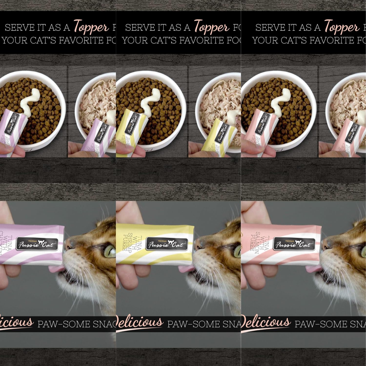 Fussie Cat Premium Puree Lickable Cat Treats in Tuna Puree, Lickable Treats, 3 Packs of 4-0.5oz Tubes,(12 Total Tubes) Variety F