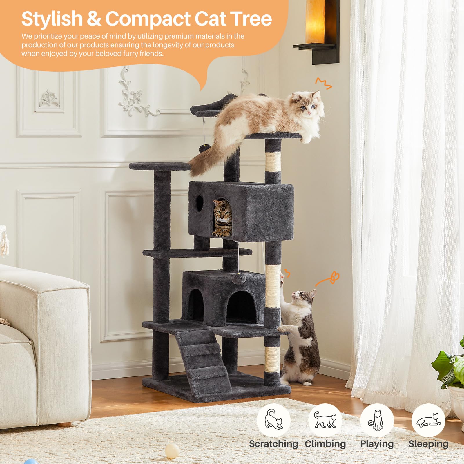 Cat Tree, 54 Inch Cat Tree Tower, Multi-Level Cat Tower With Scratching Post For Indoor Cats, Plush Cat Condo, Cat Play House Wi