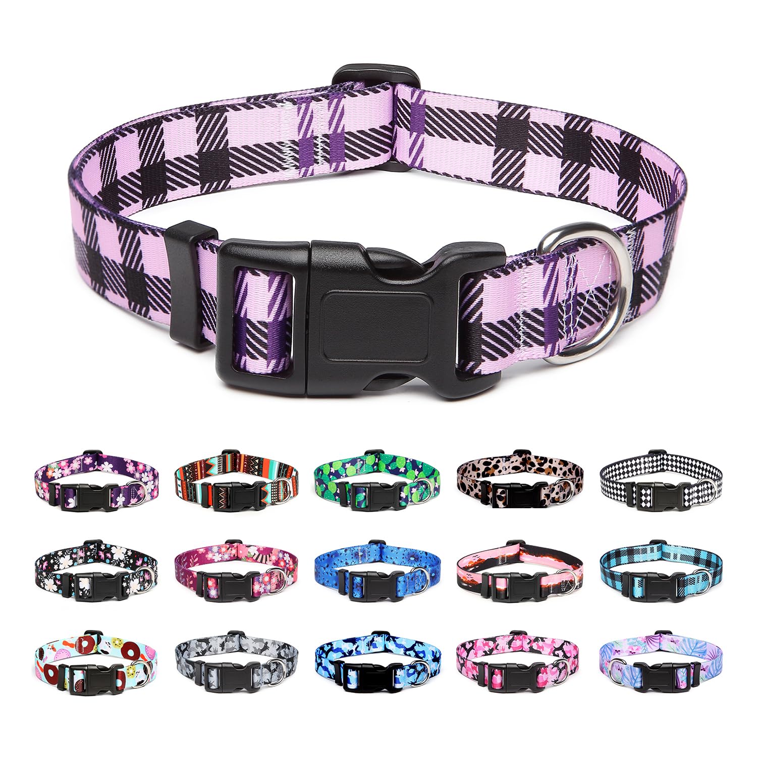 Mercano Adjustable Dog Collar - Special Design Patterns, Soft Nylon Comfortable Durable Pet Collar For Small Medium Large Dogs (L, Purple Plaid)