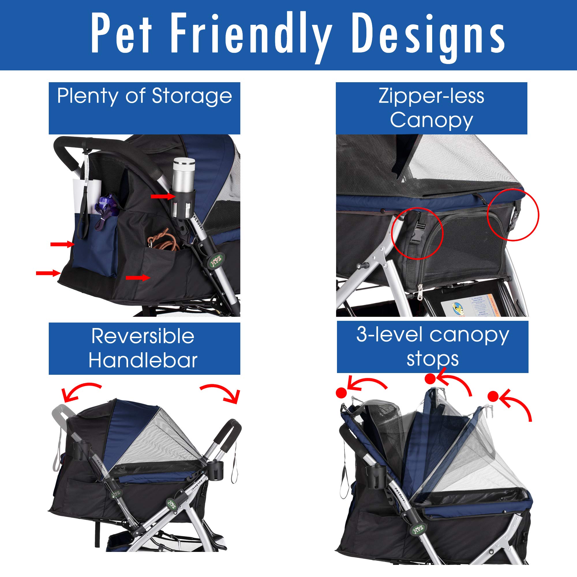 Hpz Pet Rover Premium Heavy Duty Dog/Cat/Pet Stroller Travel Carriage With Convertible Compartment/Zipperless Entry/Reversible Handle/Pump-Free Rubber Tires For Small, Medium, Large Pets-Midnight Blue