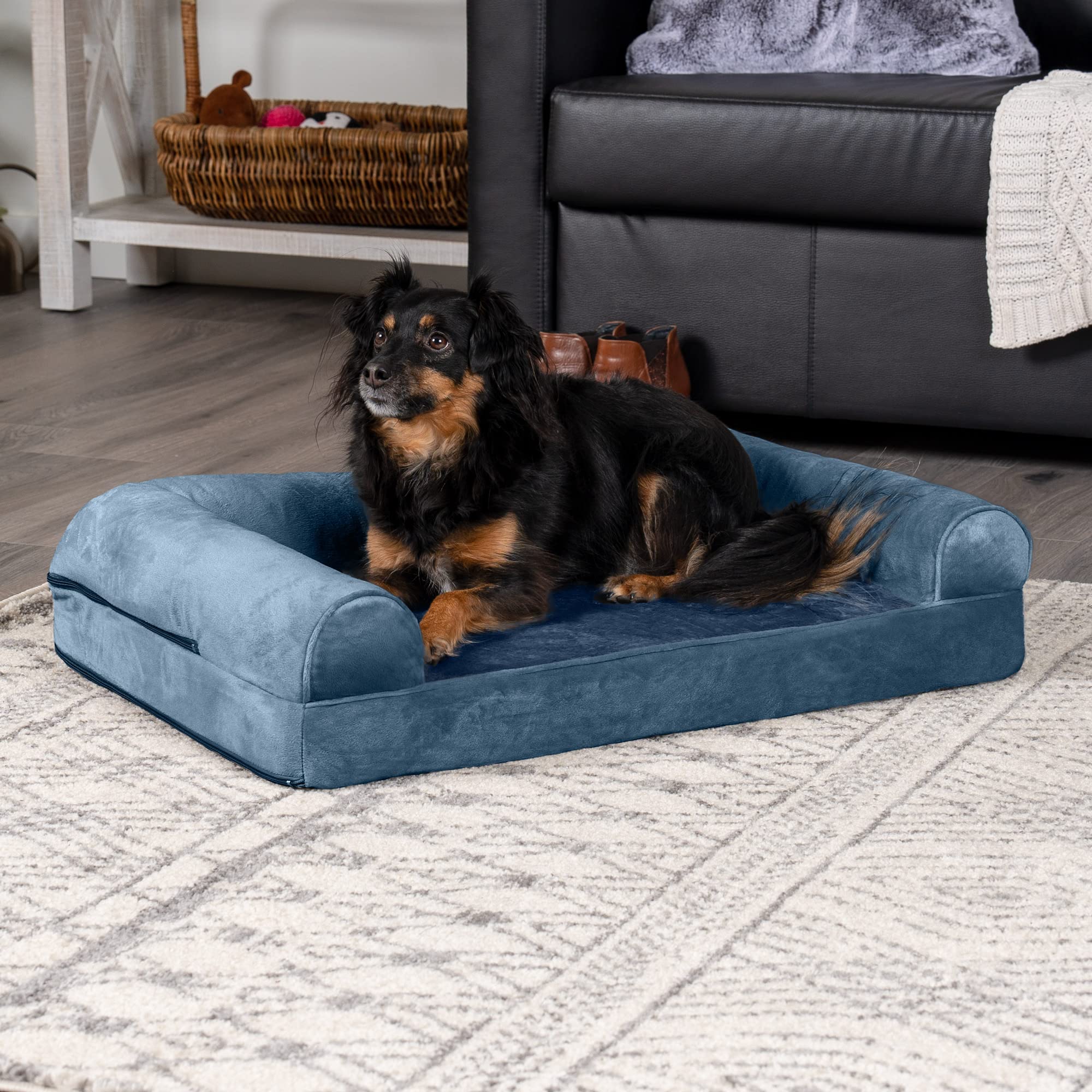 Furhaven Orthopedic Dog Bed For Medium/Small Dogs W/ Removable Bolsters & Washable Cover, For Dogs Up To 35 Lbs - Faux Fur & Velvet Sofa - Harbor Blue, Medium