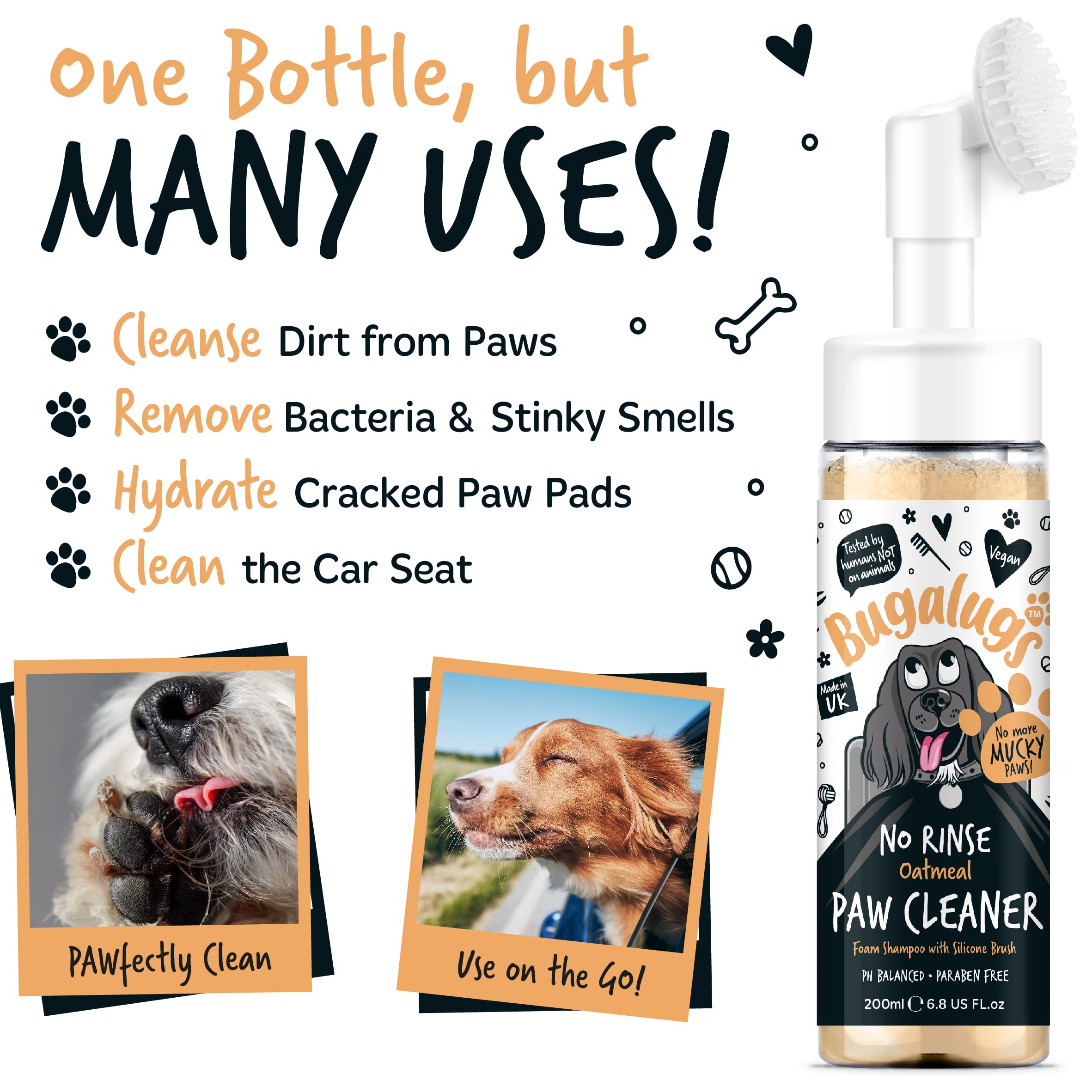 Bugalugs Dog Paw Cleaner No Rinse Foam Cat & Dog Shampoo With Silicone Brush Head, Waterless Grooming Products. Travel Friendly