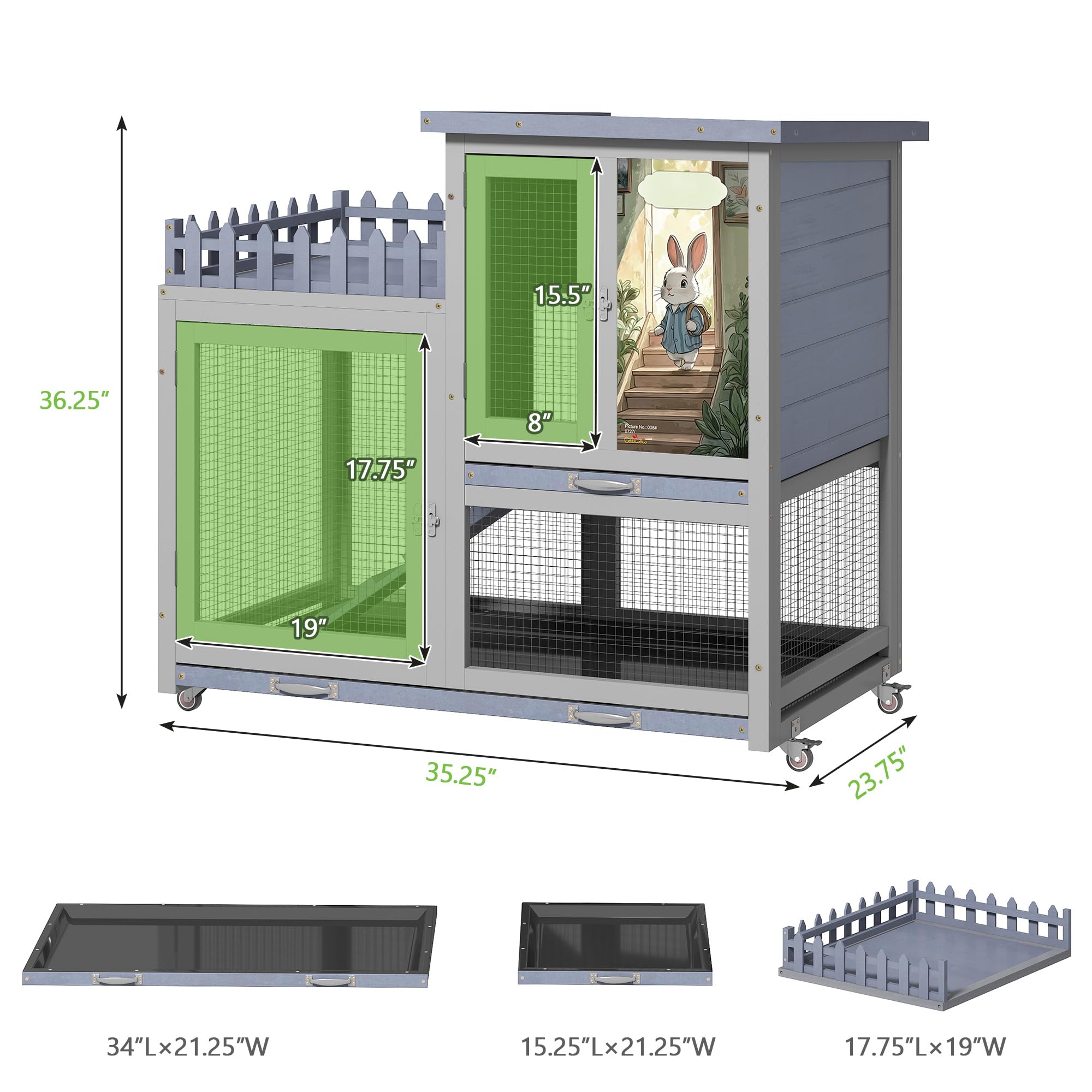Cozivvovv Wood Rabbit Hutch With Balcony - Small Animal House Bunny Cage On Wheels For Indoor Outdoor, Included Ramp, Pull Out T
