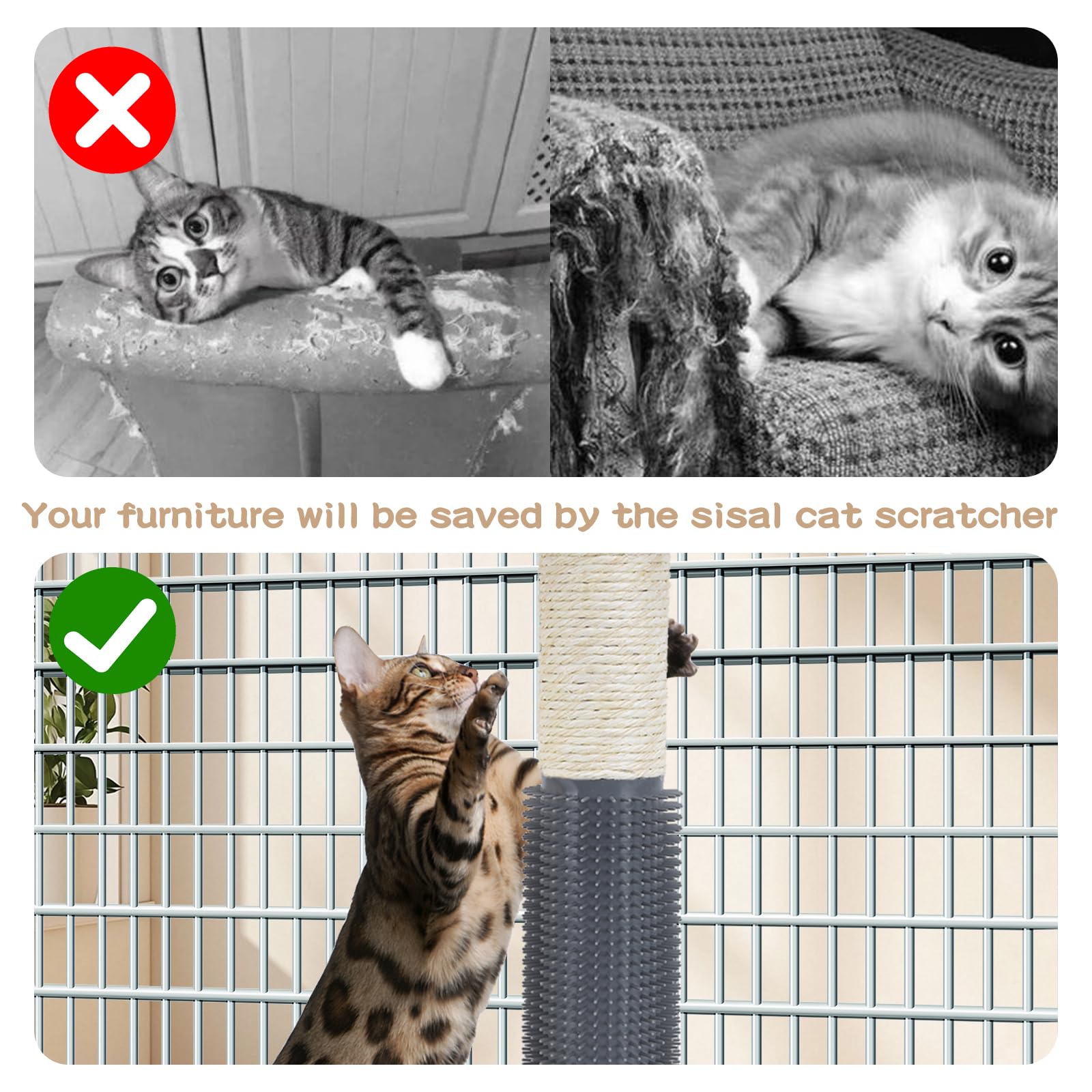 Soekoa 2 Pack Cat Scratching Post For Crate Cage, Wall Mounted Cat Scratcher Post With Self Groomer And Massager, Cat Cage Scrat