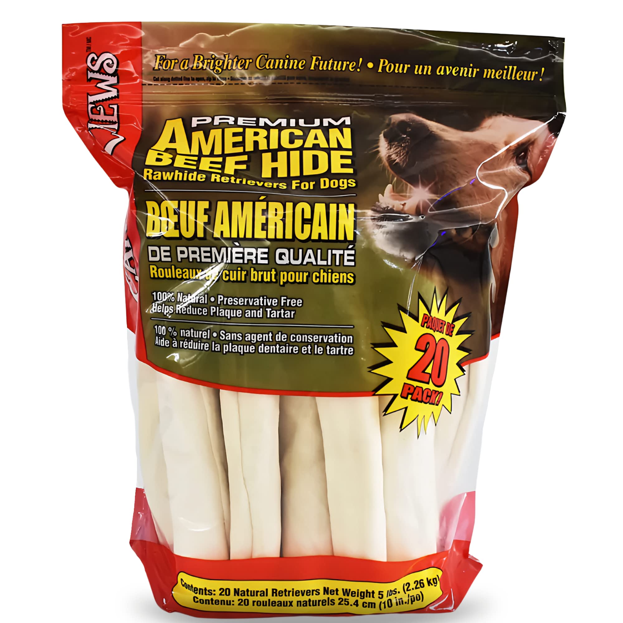 Canine Chews 10-11 Rawhide Bones for Large Dogs, Durable USA Beefhide Dog Rawhide Chews, Retriever Rolls 20 Pack (5 lbs)