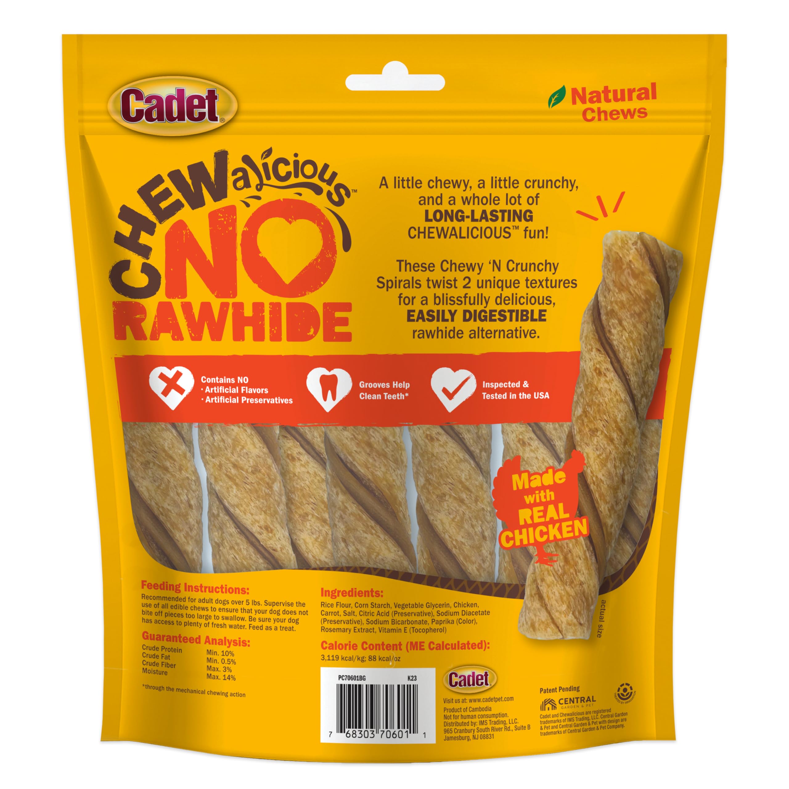 Cadet Chewalicious Chewy N Crunchy Spiral Dog Treats, Limited Ingredient, Rawhide-Free, Long-Lasting Chews for Dogs Made with R