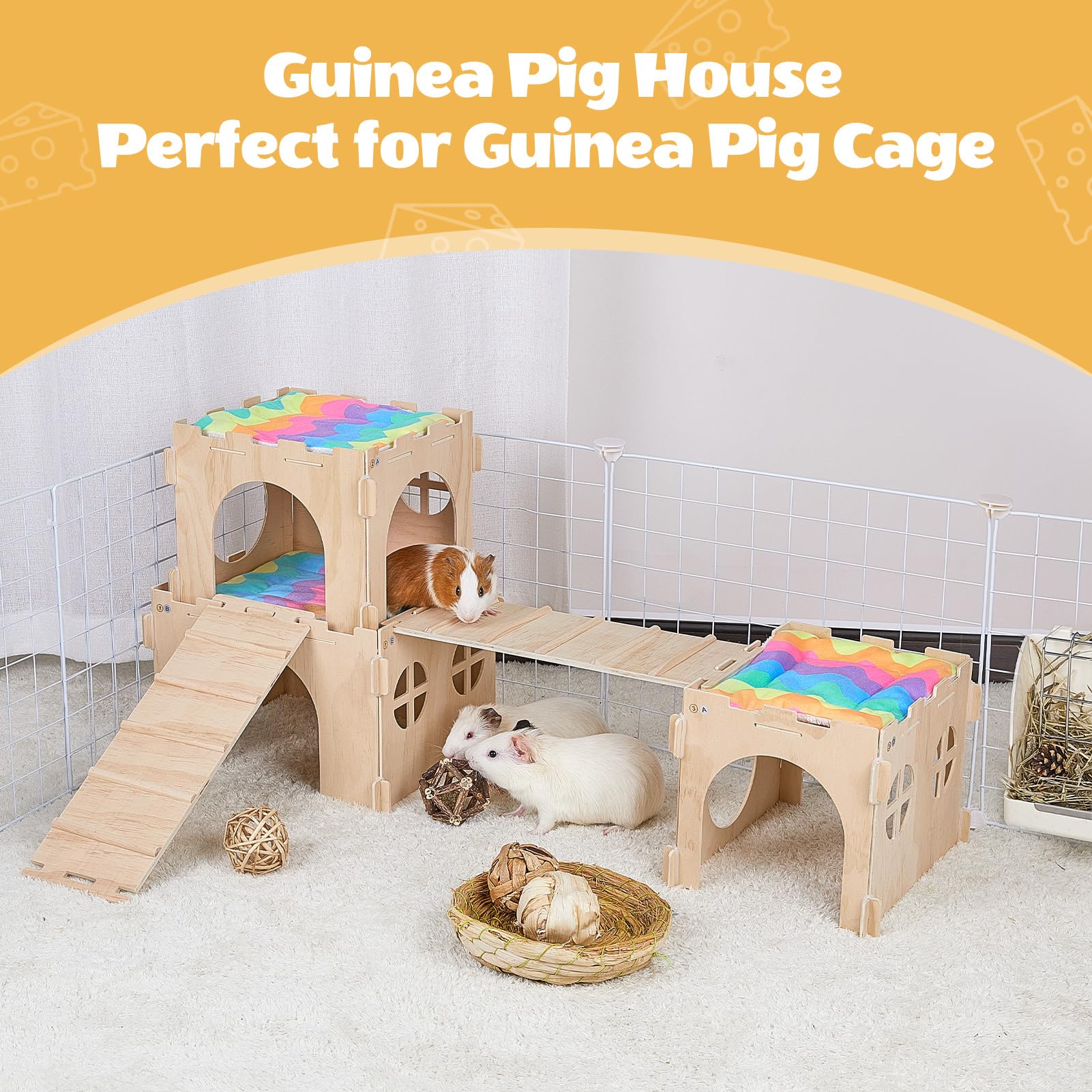 Guinea Pig Hideout, Guinea Pigs House with Stairs and Mats Extra Large Guinea Piggy Castle Detachable Hideouts for Small Animals