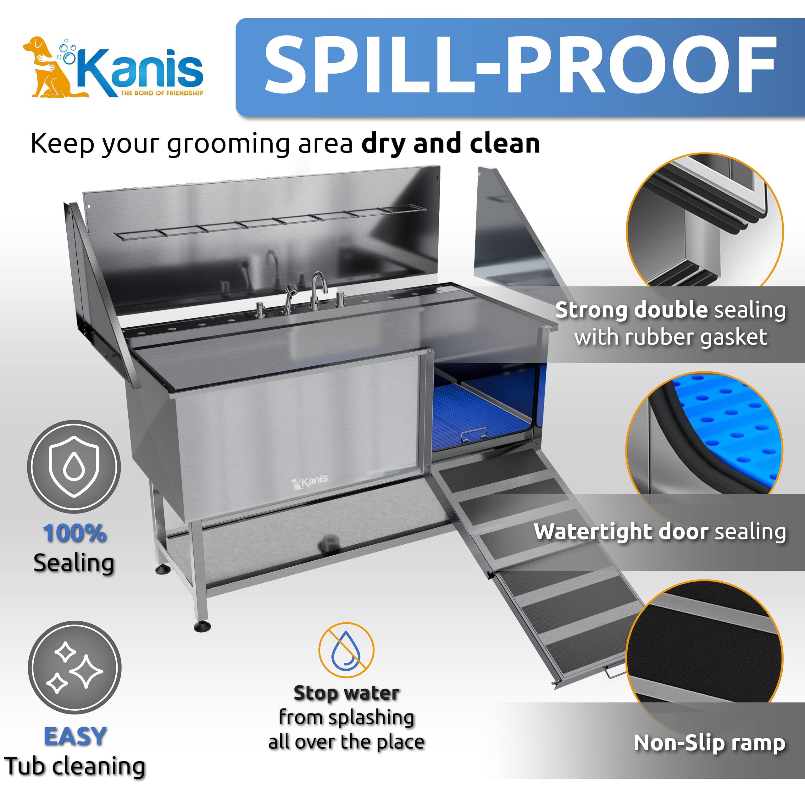 Kanis Professional Stainless Steel Dog Bathing Station - Grooming Tub W/Ramp, Storage Shelf, Floor Grate & Faucet/Dog Bathtub Fo