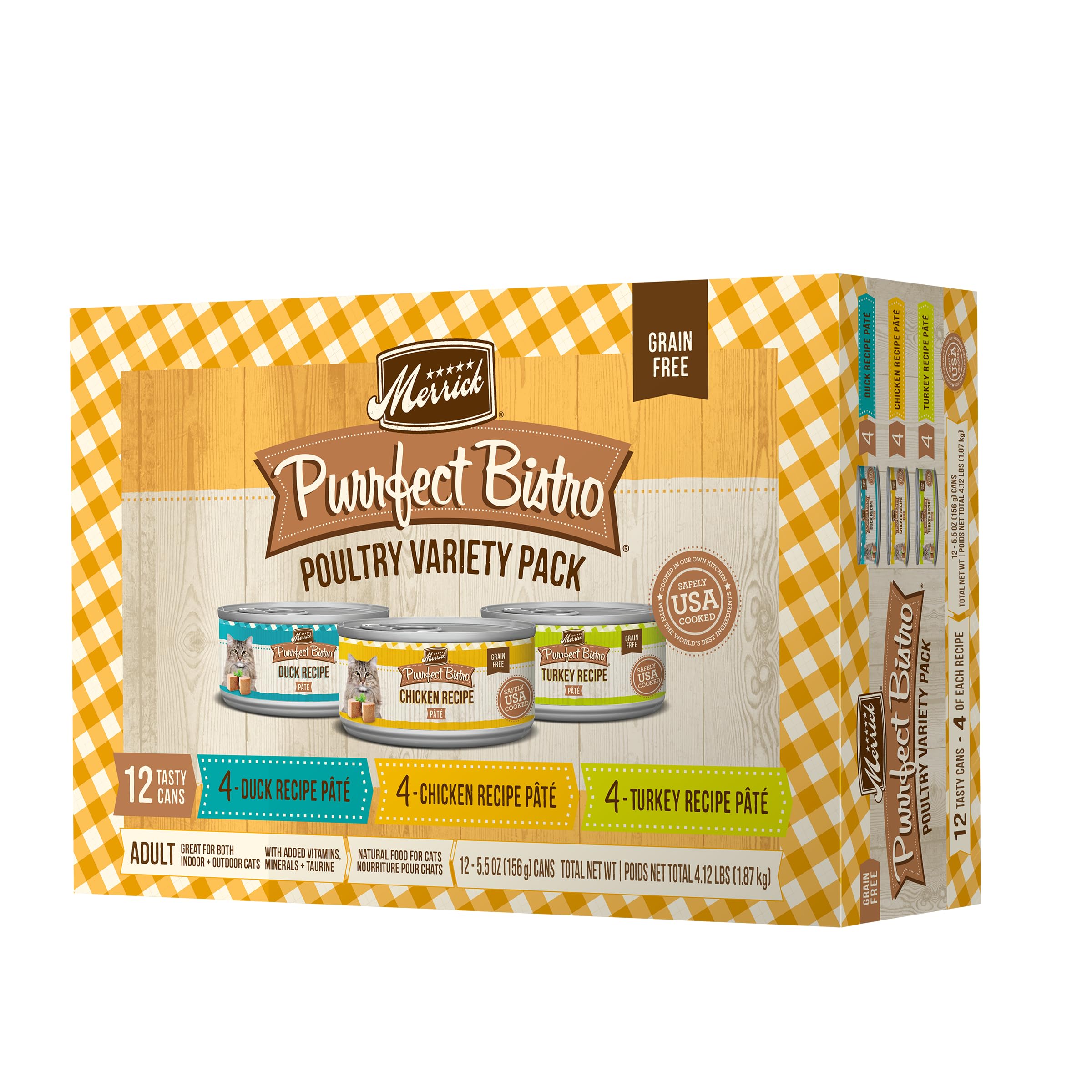 Merrick Purrfect Bistro Grain Free Premium Canned Pate Adult Wet Cat Food, Variety Pack, Chicken, Duck, Turkey - (Pack of 12) 4.