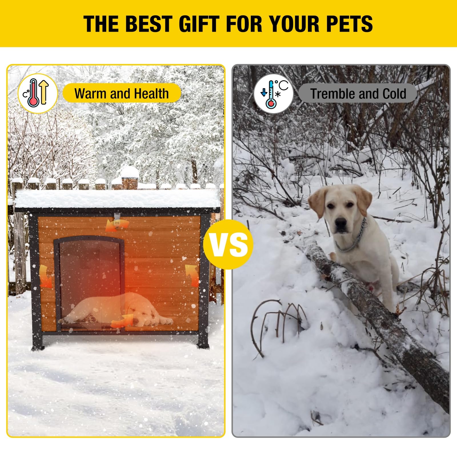 Insulated Outdoor Dog House With Liner For Winter Wooden Dog Kennel With All-Around Iron Frame,Waterproof