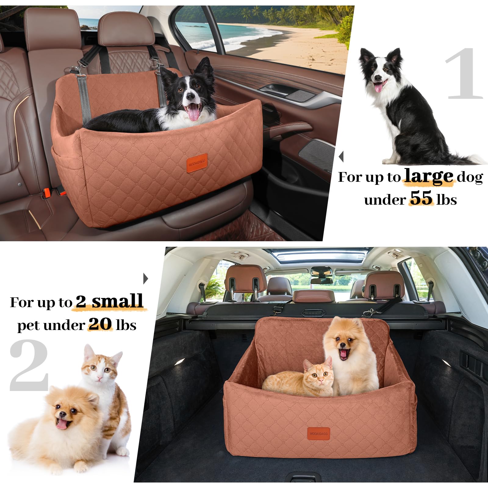 Wooaidagg Dog Car Seat for Medium & Large Dogs Up to 55lbs, Memory Foam Cushion, Washable Cover, Safety Straps & Non-Slip Base (